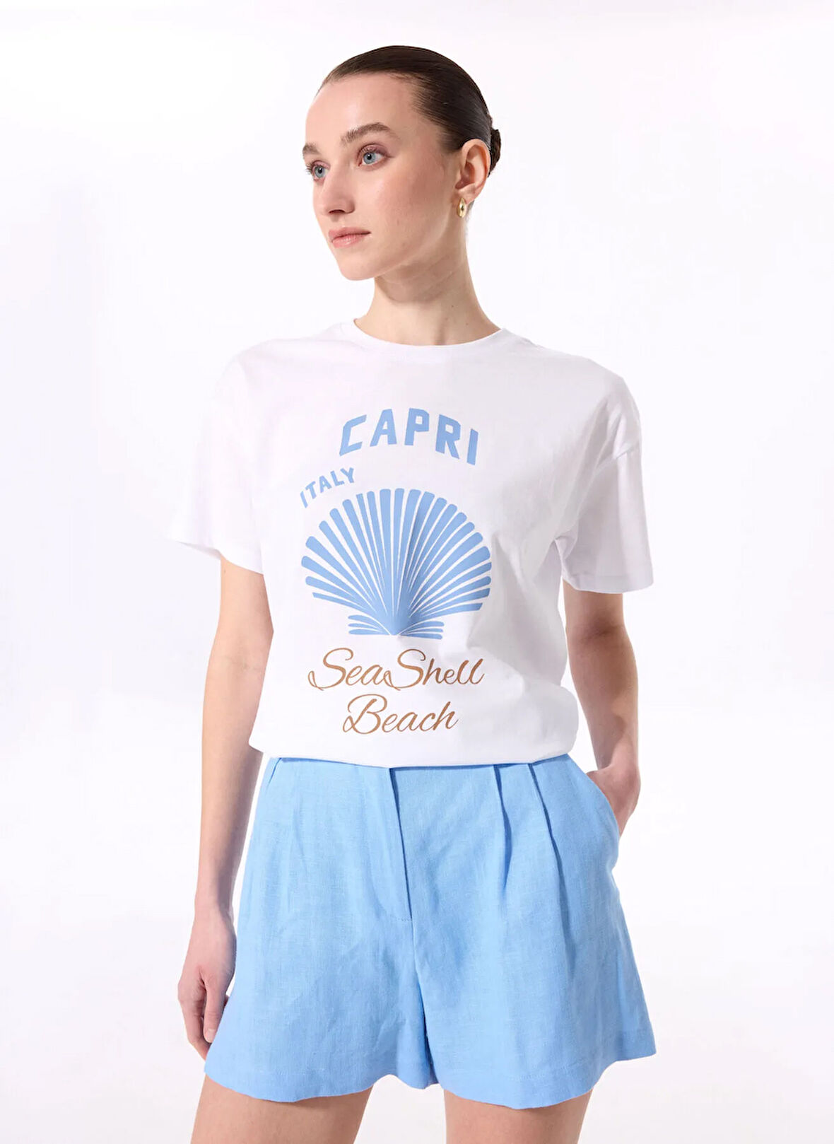 Fabrika Bisiklet Yaka Baskılı Beyaz Kadın T-Shirt F5SL-TST0468