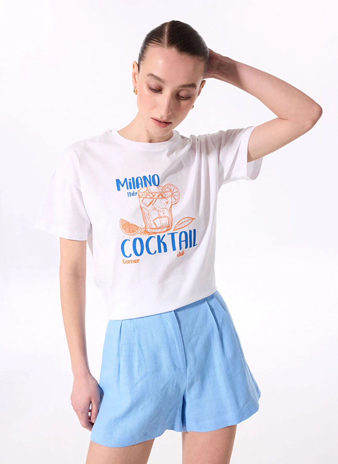 Fabrika Bisiklet Yaka Baskılı Beyaz Kadın T-Shirt F5SL-TST0470