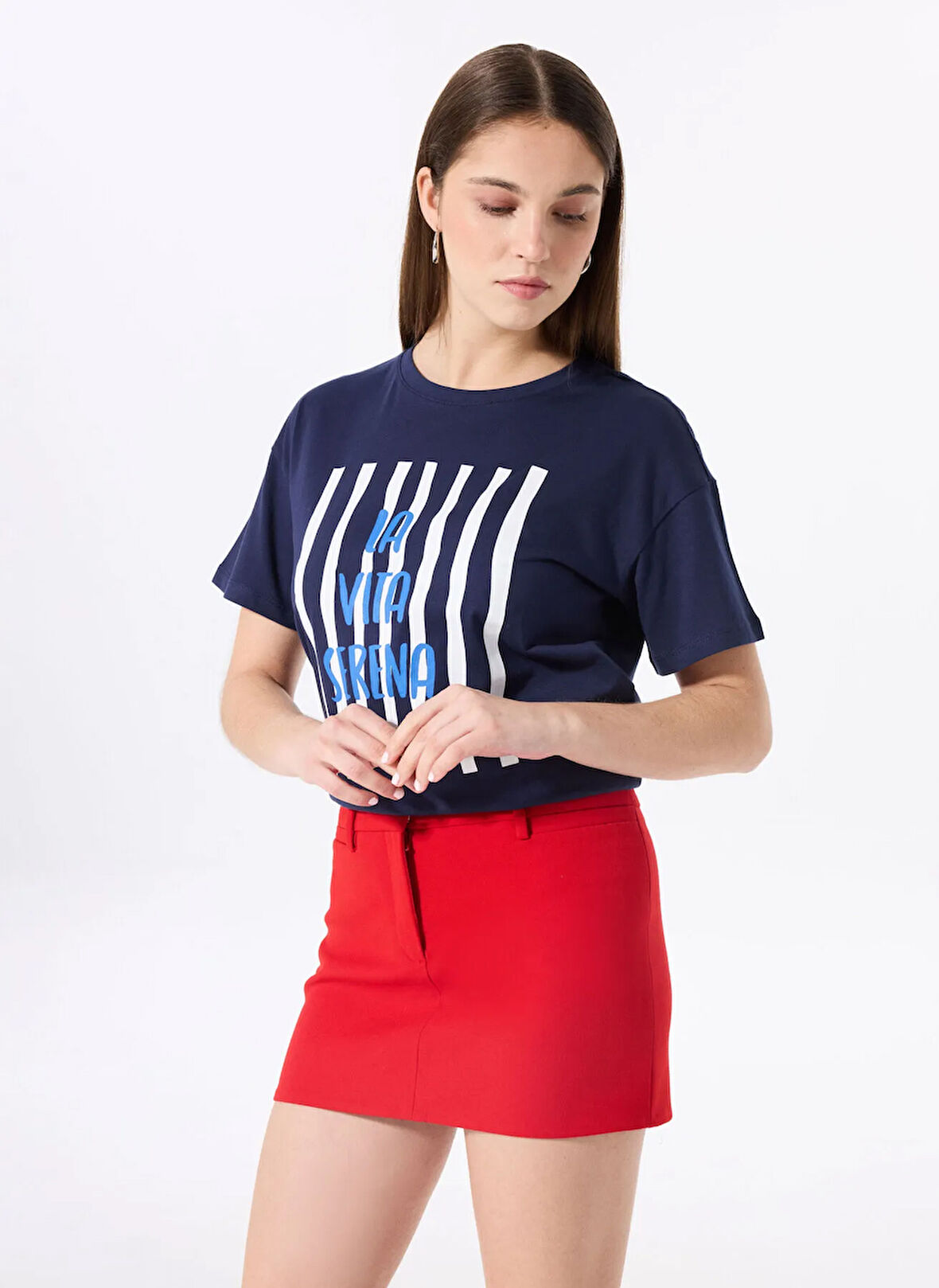 Fabrika Bisiklet Yaka Baskılı Lacivert Kadın T-Shirt F5SL-TST0436