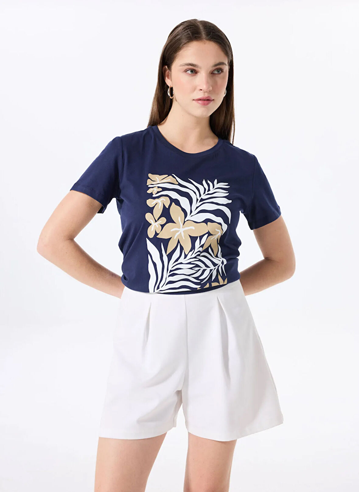 Fabrika Bisiklet Yaka Baskılı Lacivert Kadın T-Shirt F5SL-TST0451