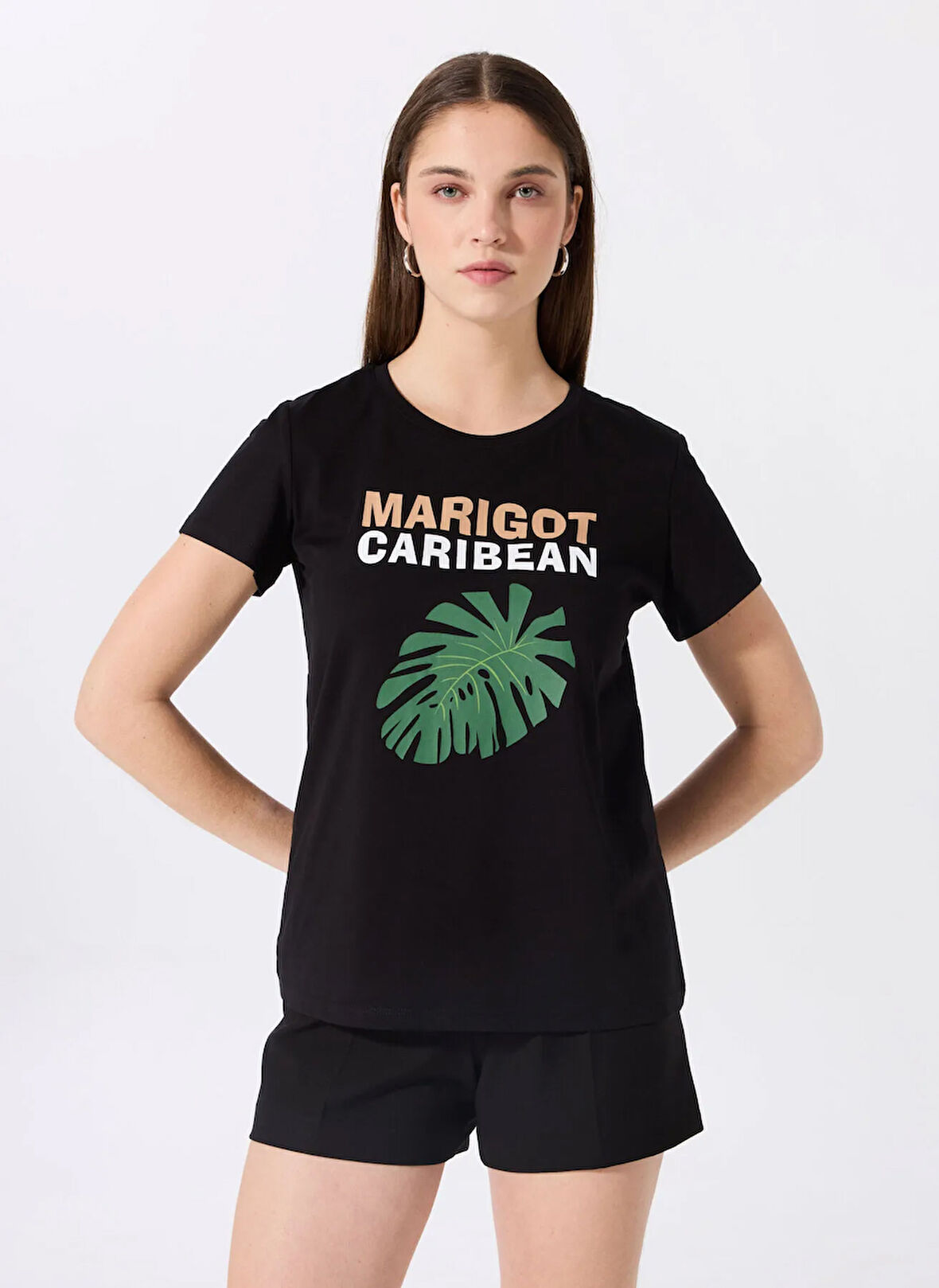 Fabrika Bisiklet Yaka Baskılı Siyah Kadın T-Shirt F5SL-TST0439