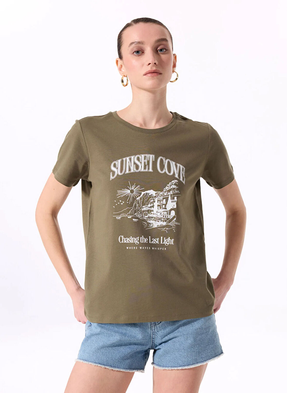 Fabrika Bisiklet Yaka Baskılı Haki Kadın T-Shirt F5SL-TST0448
