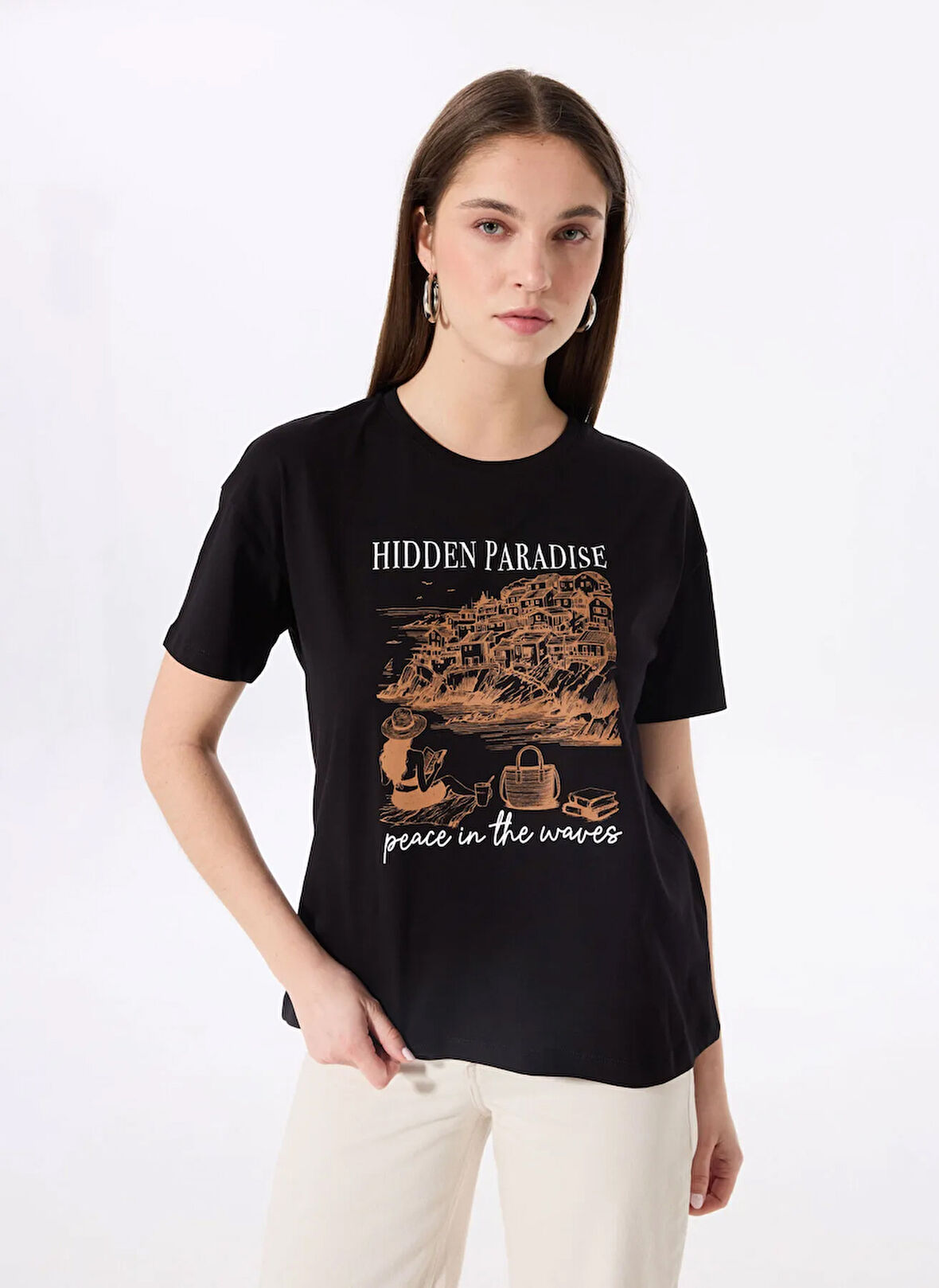 Fabrika Bisiklet Yaka Baskılı Siyah Kadın T-Shirt F5SL-TST0463