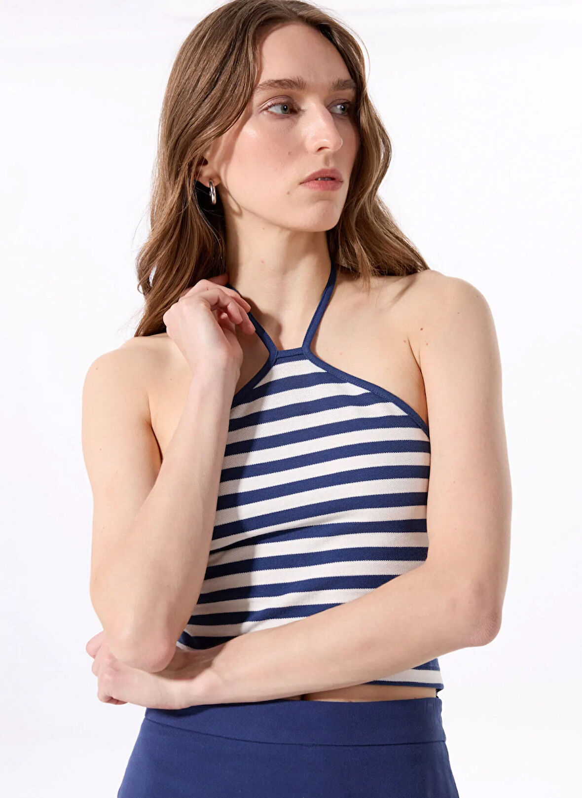 Jeep Halter Yaka Çizgili Lacivert Kadın T-Shirt J5SL-TST7063