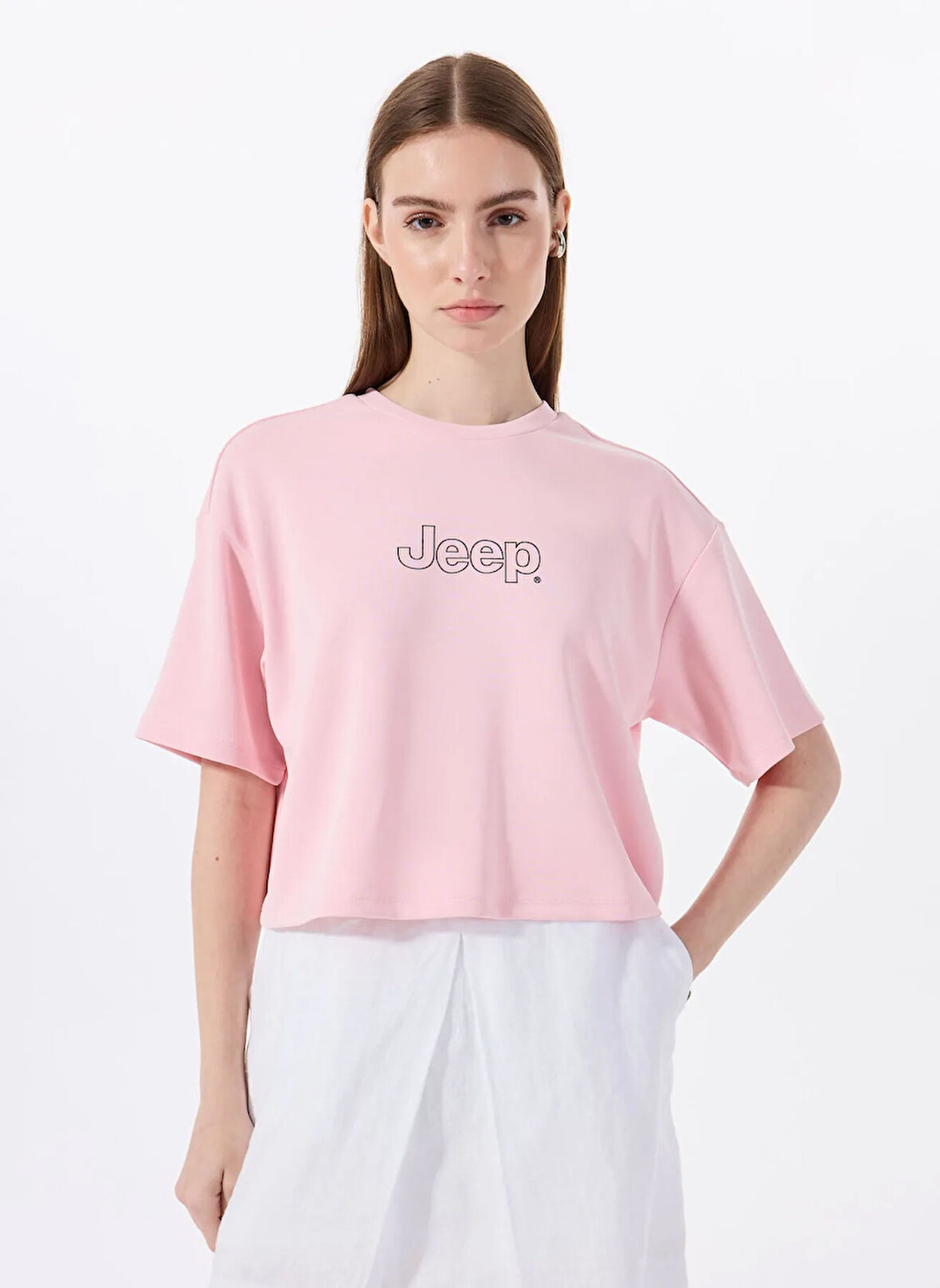 Jeep Bisiklet Yaka Baskılı Pembe Kadın T-Shirt J5SL-TST7020