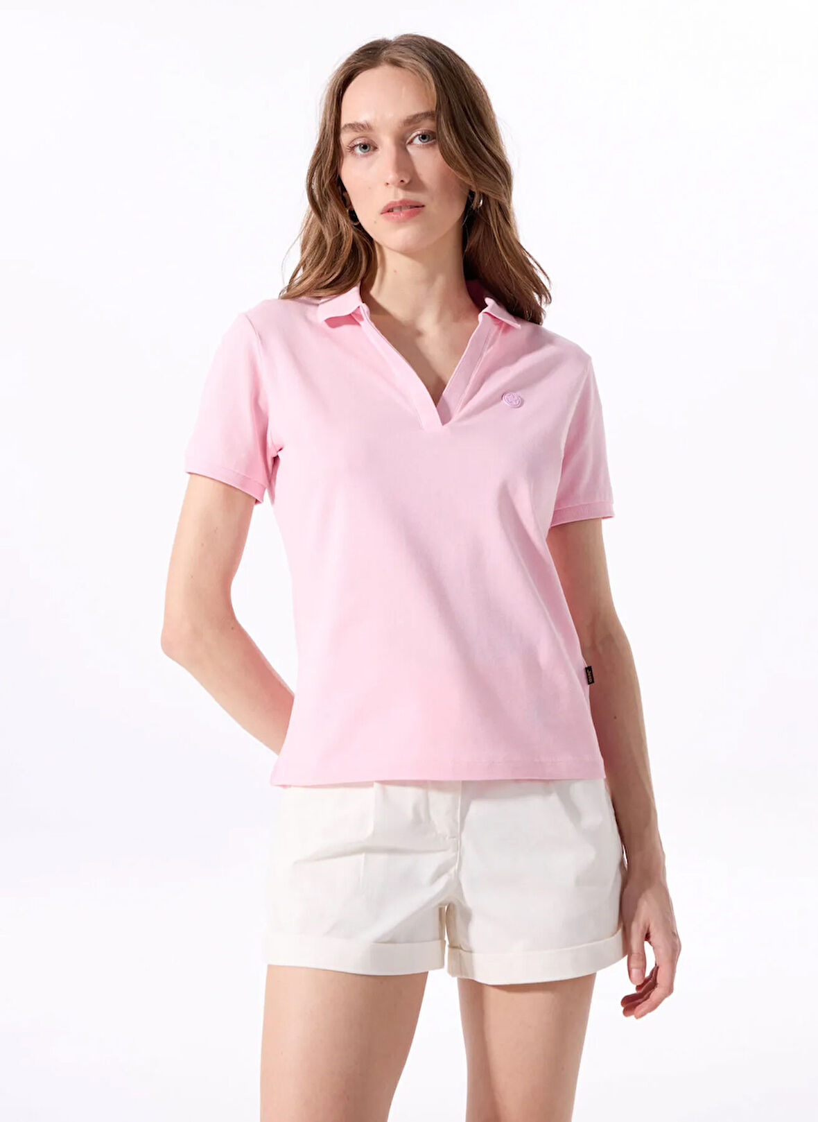 Pembe Kadın Relaxed Düz Polo T-Shirt J5SL-TST7070