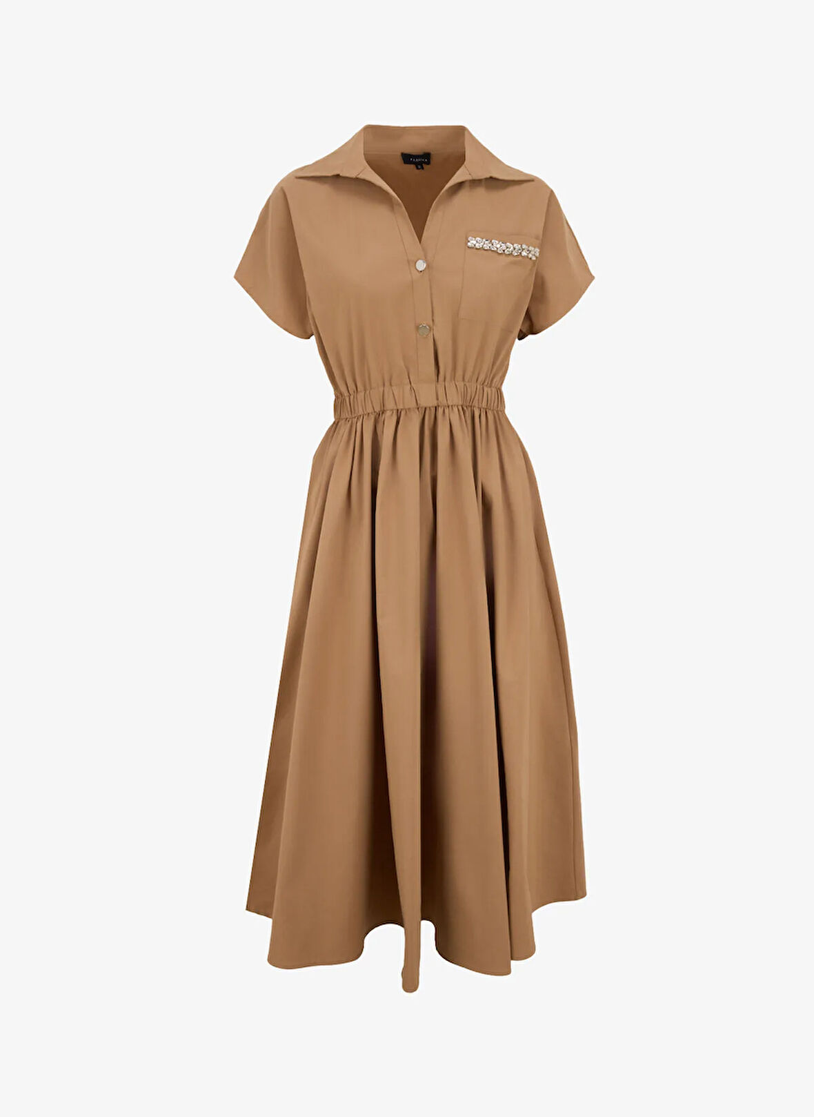 Fabrika Gömlek Yaka Düz Deve Tüyü Midi Kadın Elbise F5SL-ELB0319