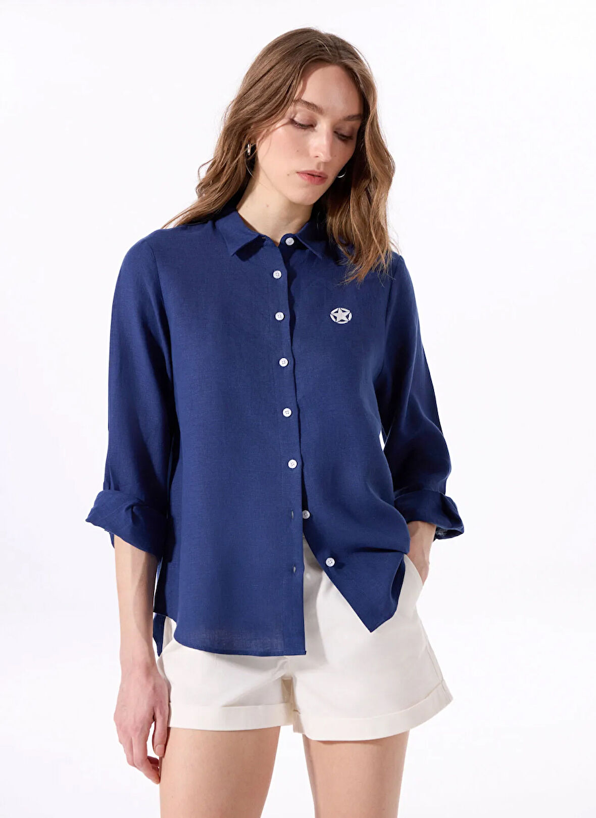 Lacivert Kadın Relaxed %100 Keten Gömlek J5SL-GML7158