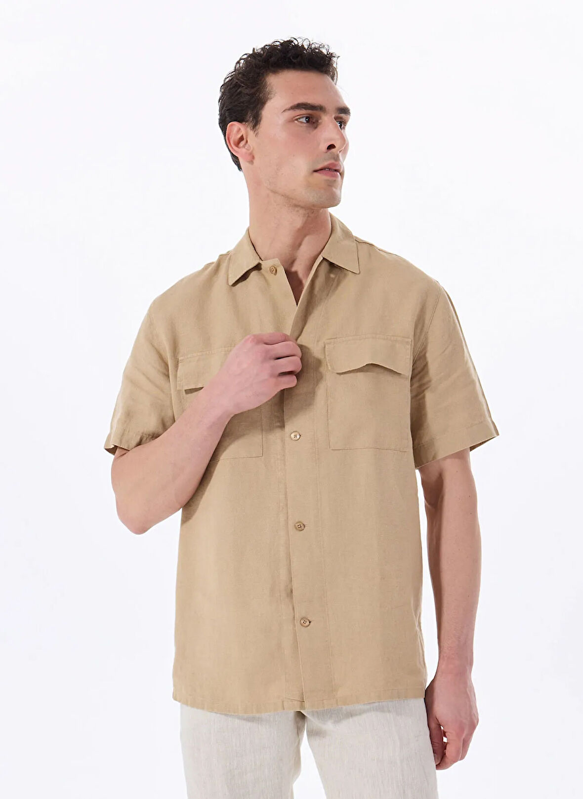 Deve Tüyü Erkek Apaş Yaka Relaxed Fit %100 Keten Gömlek F5SM-GML 2722
