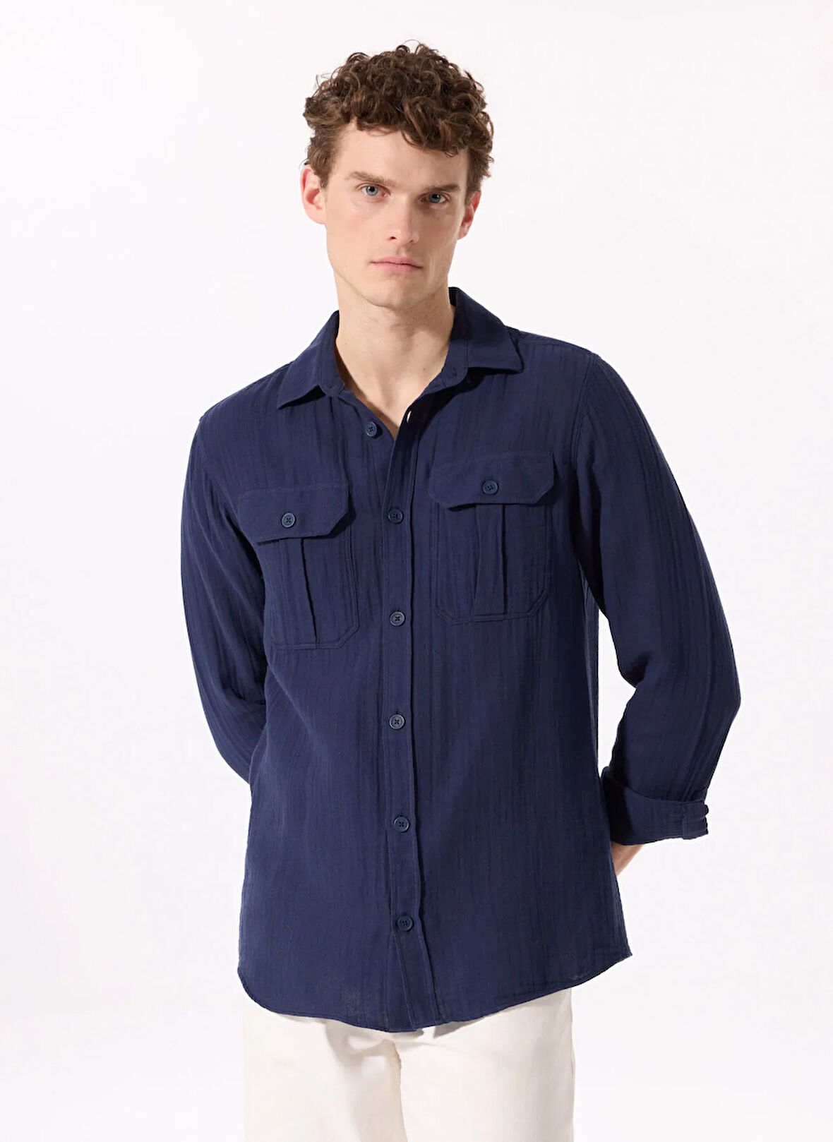 Fabrika Regular Fit Gömlek Yaka Düz Lacivert Erkek Gömlek F5SM-GML 2739