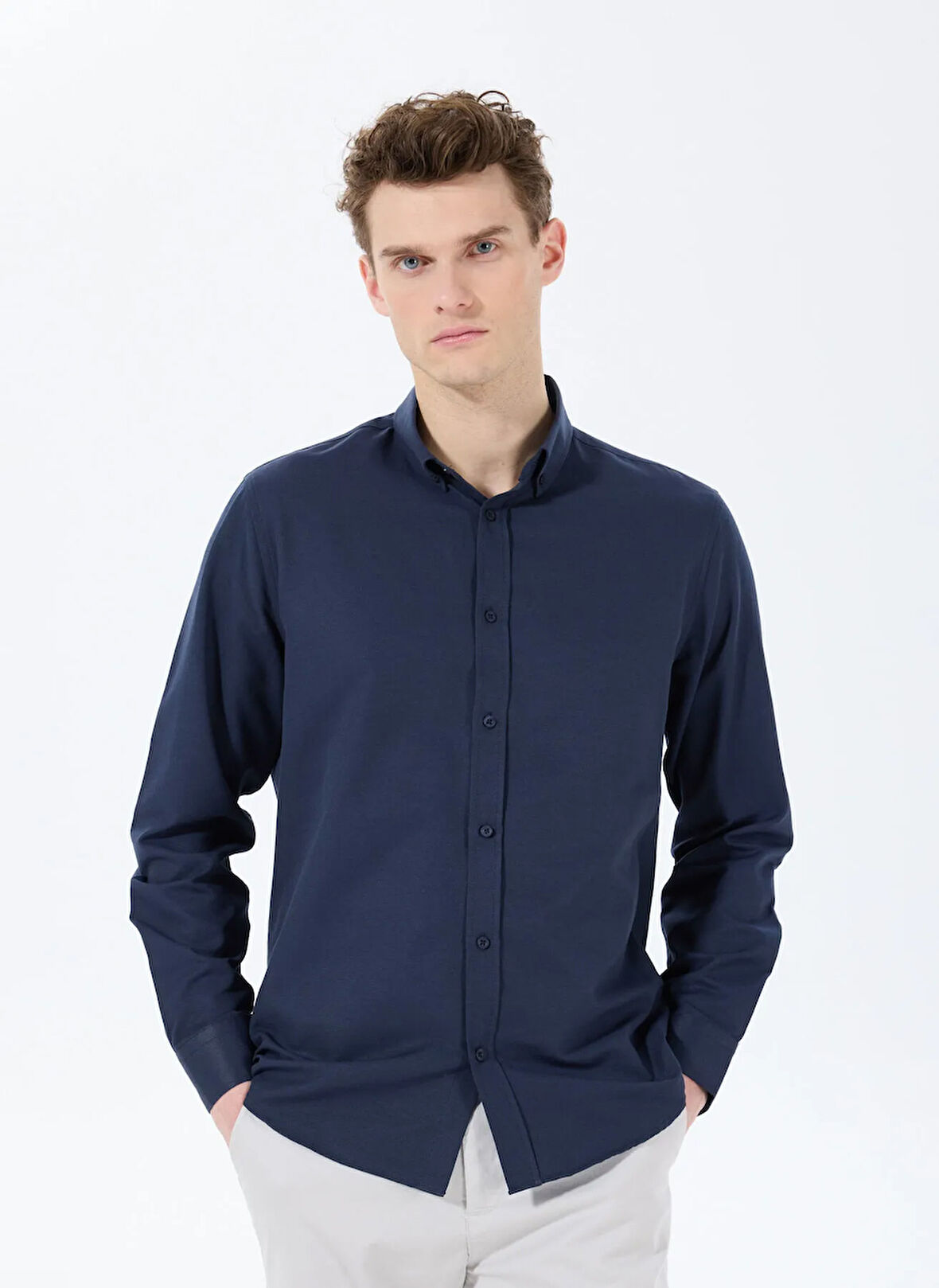 Fabrika Comfort Basic Düğmeli Yaka Düz Lacivert Erkek Gömlek MAYDOS 503