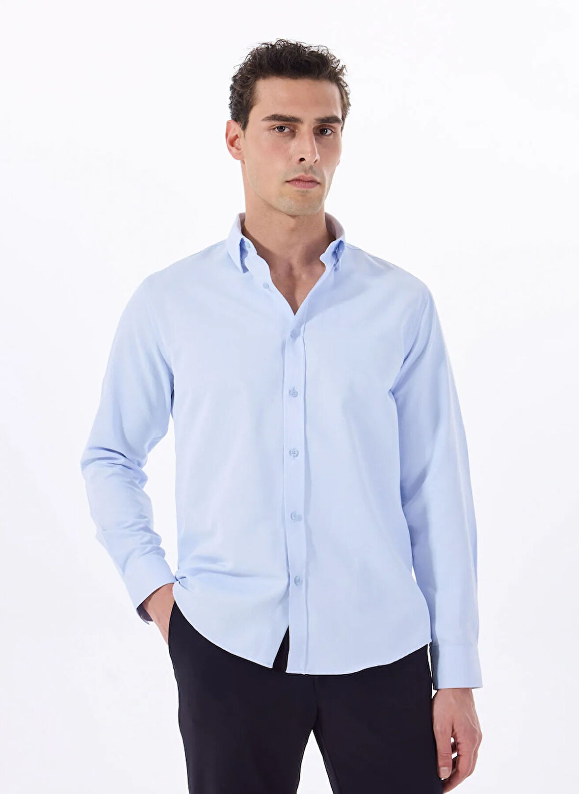 Fabrika Comfort Basic Alttan Britli Yaka Armürlü Mavi Erkek Gömlek MAYDOS 506