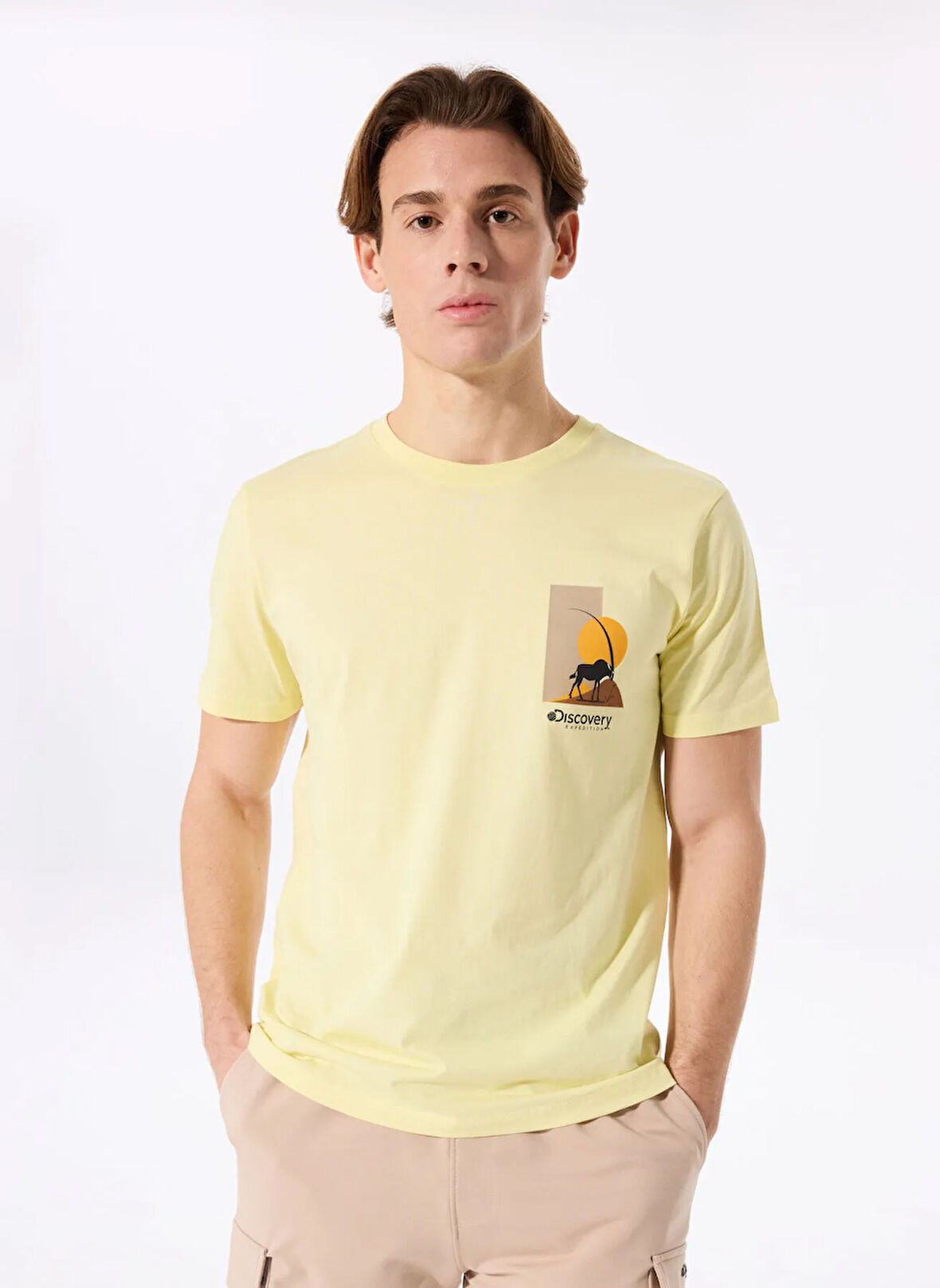 D5SM-TST3987 Sarı Bisiklet Yaka Relaxed Baskılı Erkek T-Shirt