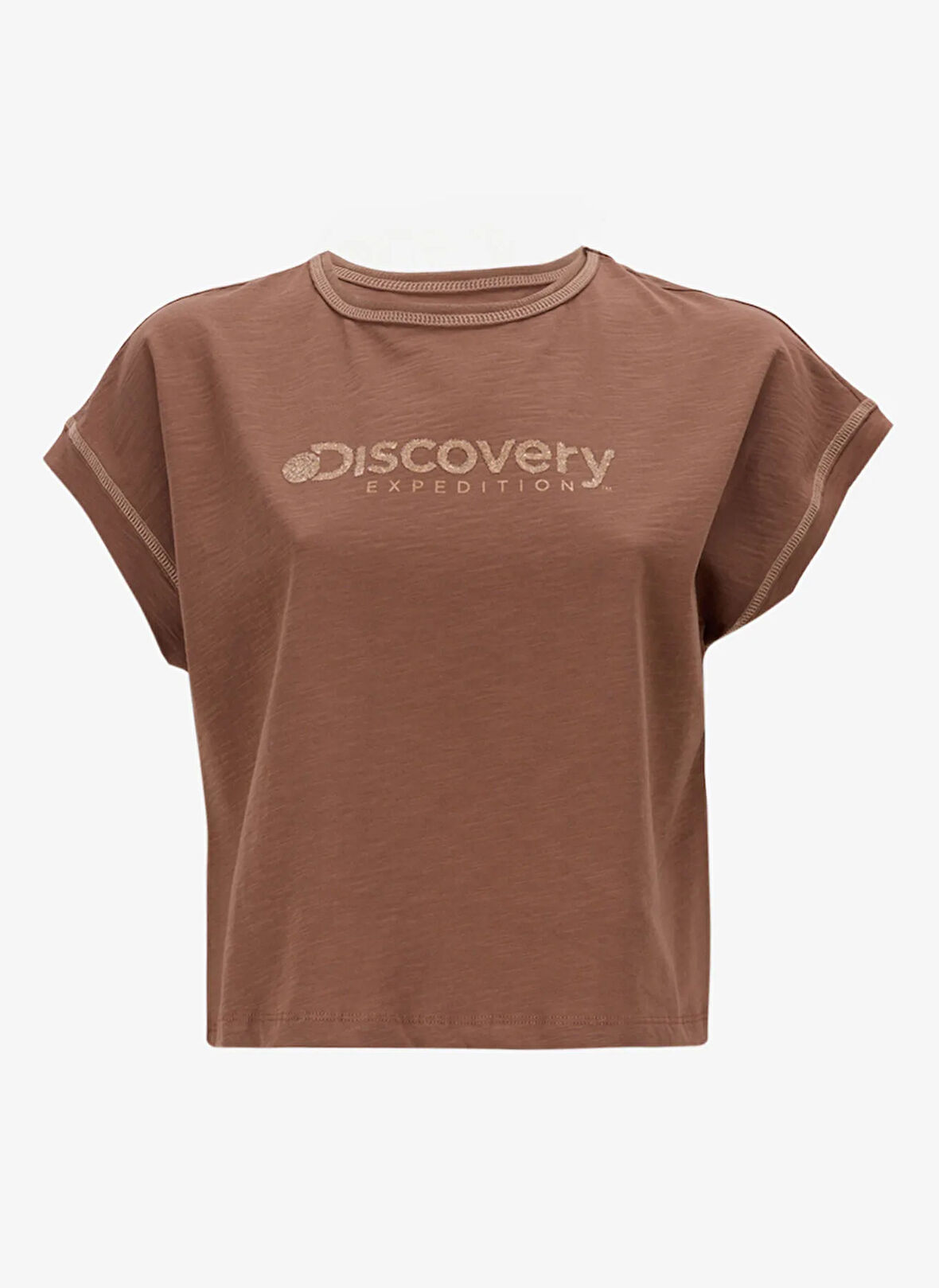 Discovery Expedition D5SL-TST3571 Kahve Bisiklet Yaka Relaxed Baskılı Kadın T-Shirt