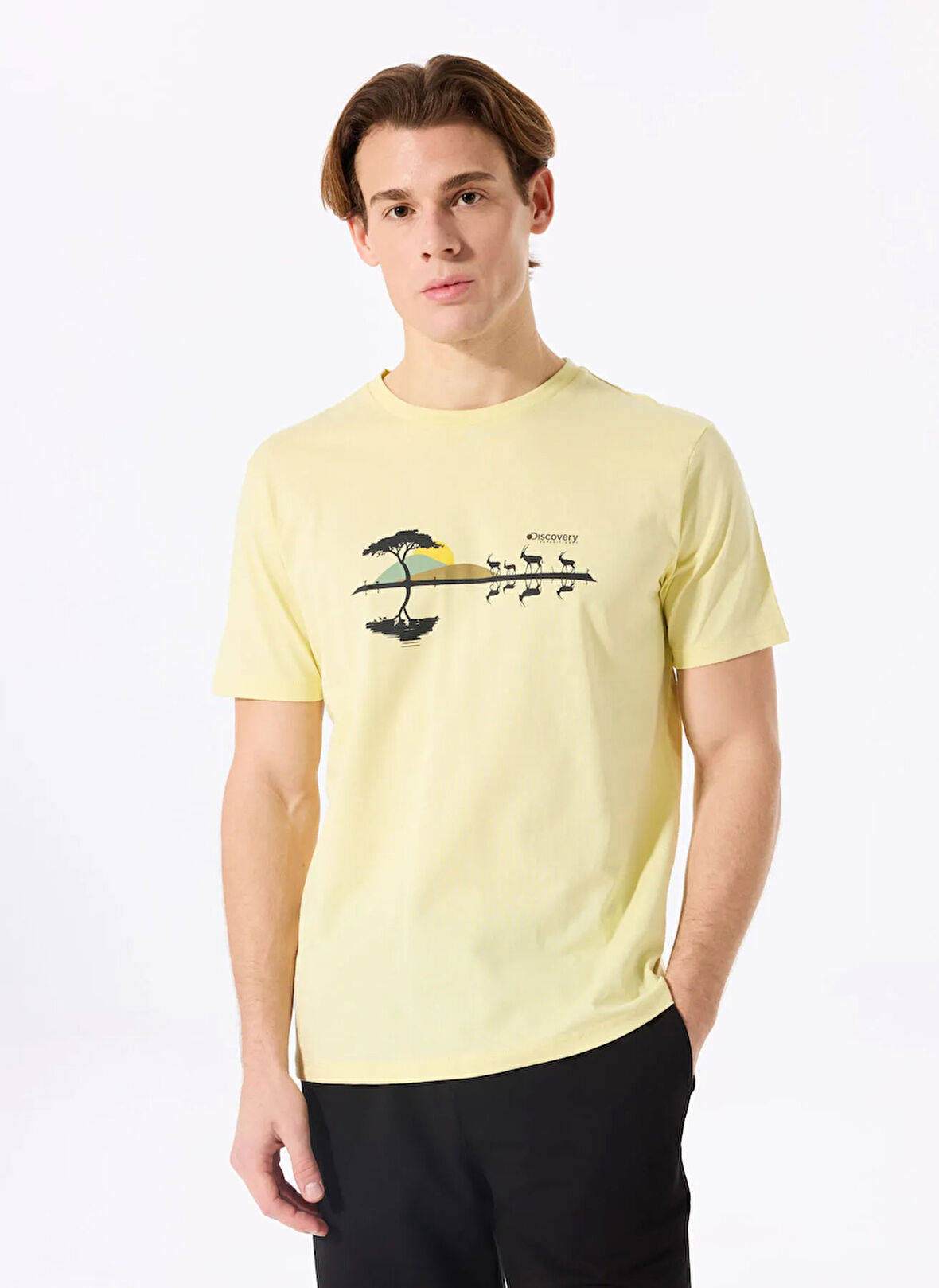 D5SM-TST3737 Sarı Bisiklet Yaka Relaxed Baskılı Erkek T-Shirt