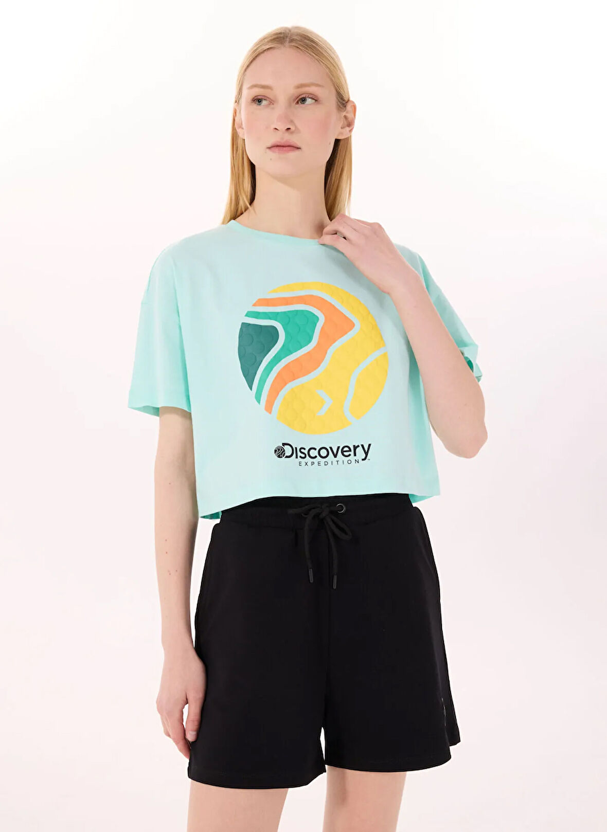Discovery Expedition D5SL-TST3642 Mint Bisiklet Yaka Crop Baskılı Kadın T-Shirt
