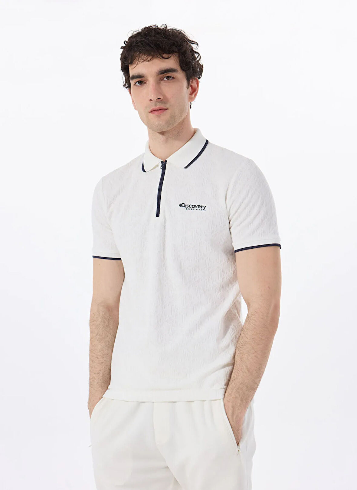 Discovery Expedition D5SM-TST3845 Beyaz Relaxed Düz Erkek Polo T-Shirt