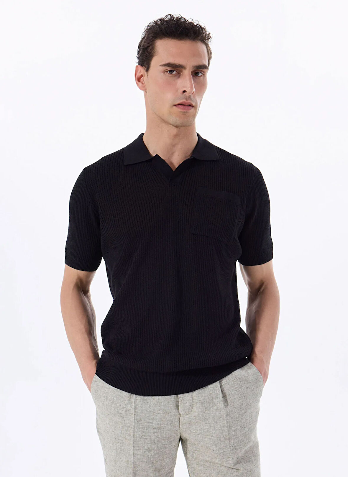 Fabrika Polo Yaka Basic Jakarlı Siyah Erkek Kazak F5SM-KZK 2052