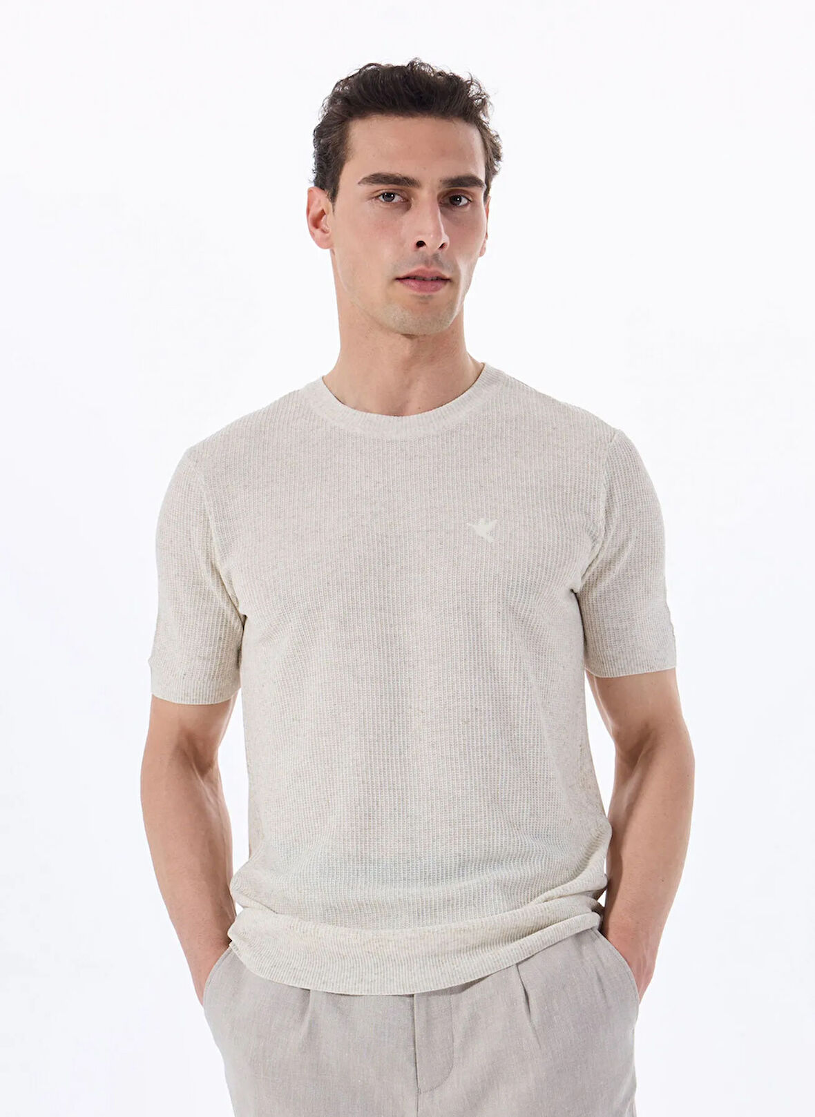 Bej Erkek Bisiklet Yaka Relaxed Fit Keten Karışımlı Kazak F5SM-KZK 2051
