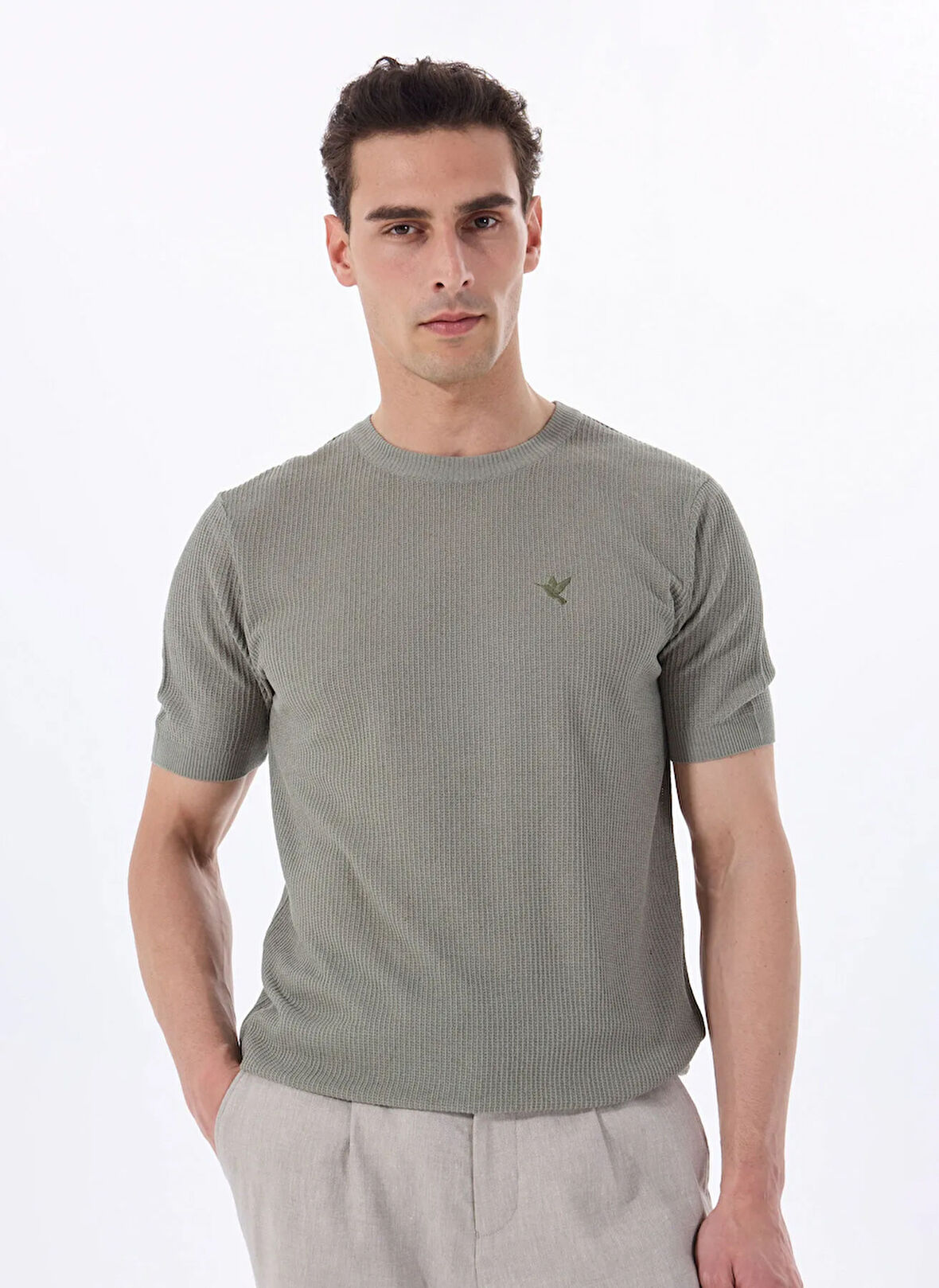Haki Erkek Bisiklet Yaka Relaxed Fit Keten Karışımlı Kazak F5SM-KZK 2051
