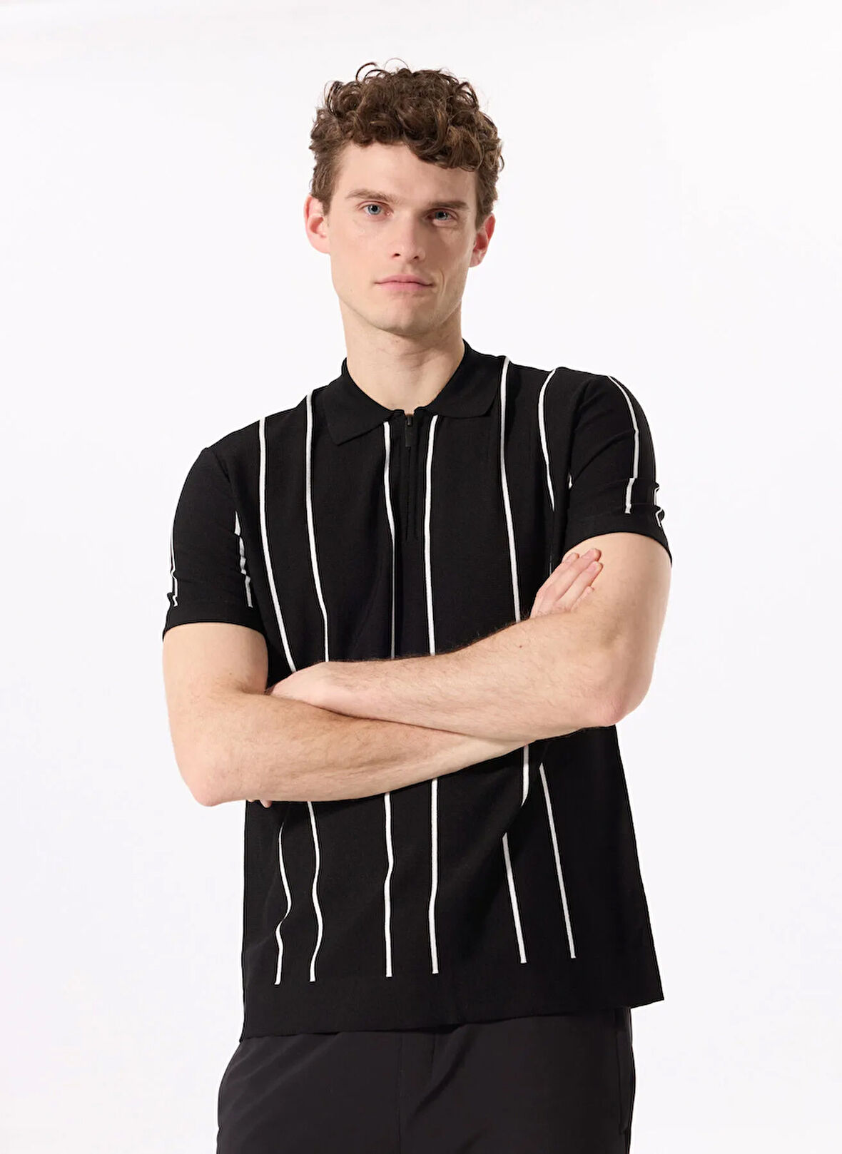 Siyah Erkek Polo Yaka Relaxed Çizgili Kazak F5SM-KZK 2072