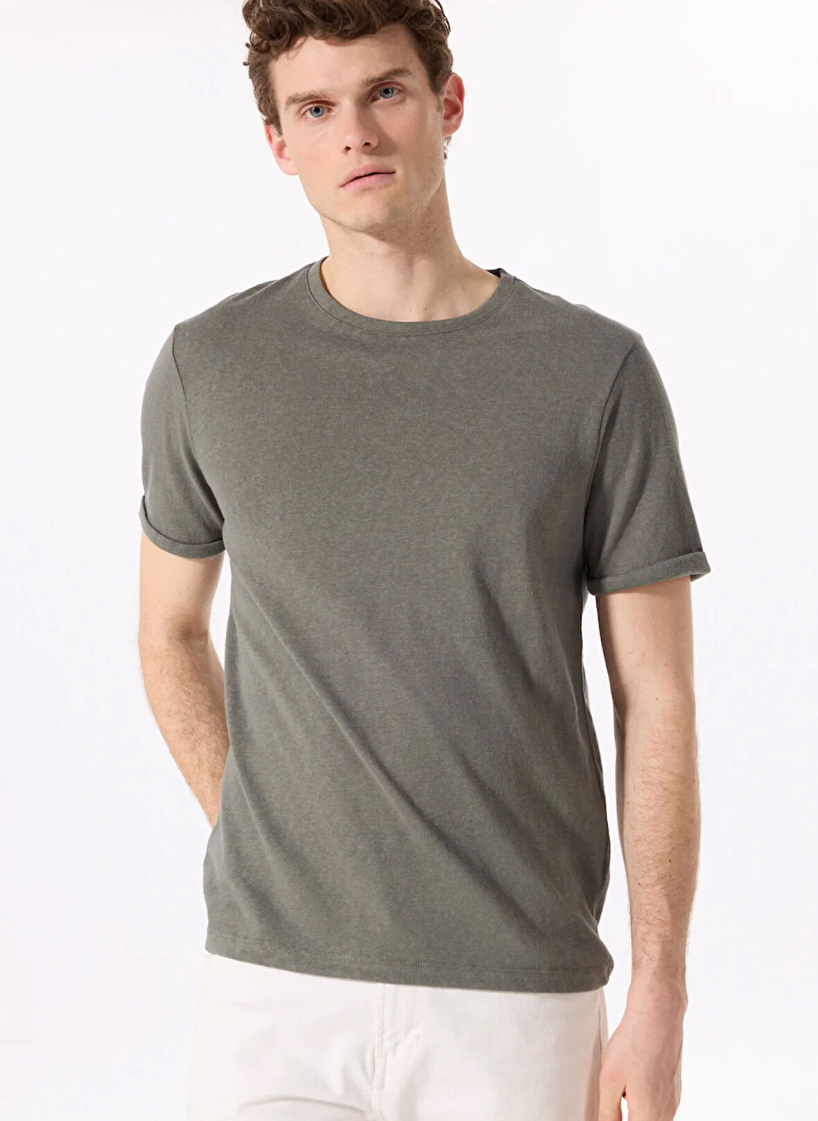 Fabrika Bisiklet Yaka Flamlı Haki Erkek T-Shirt F5SM-TST 2114