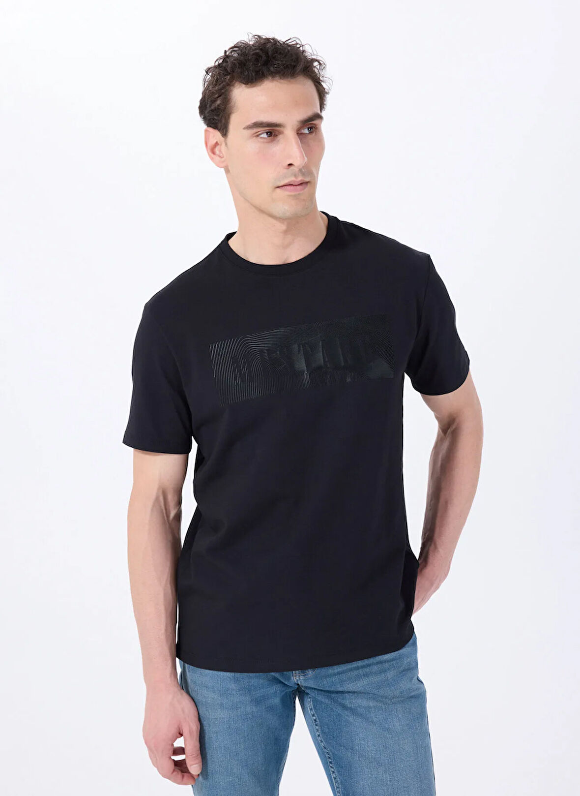 Mustang Bisiklet Yaka Baskılı Siyah Erkek T-Shirt M5SM-TST1287