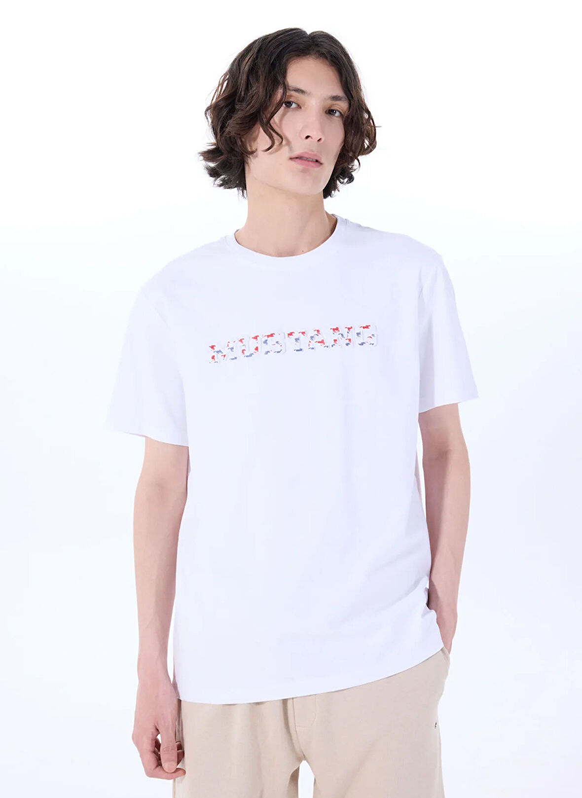 Mustang Bisiklet Yaka Baskılı Beyaz Erkek T-Shirt M5SM-TST1278