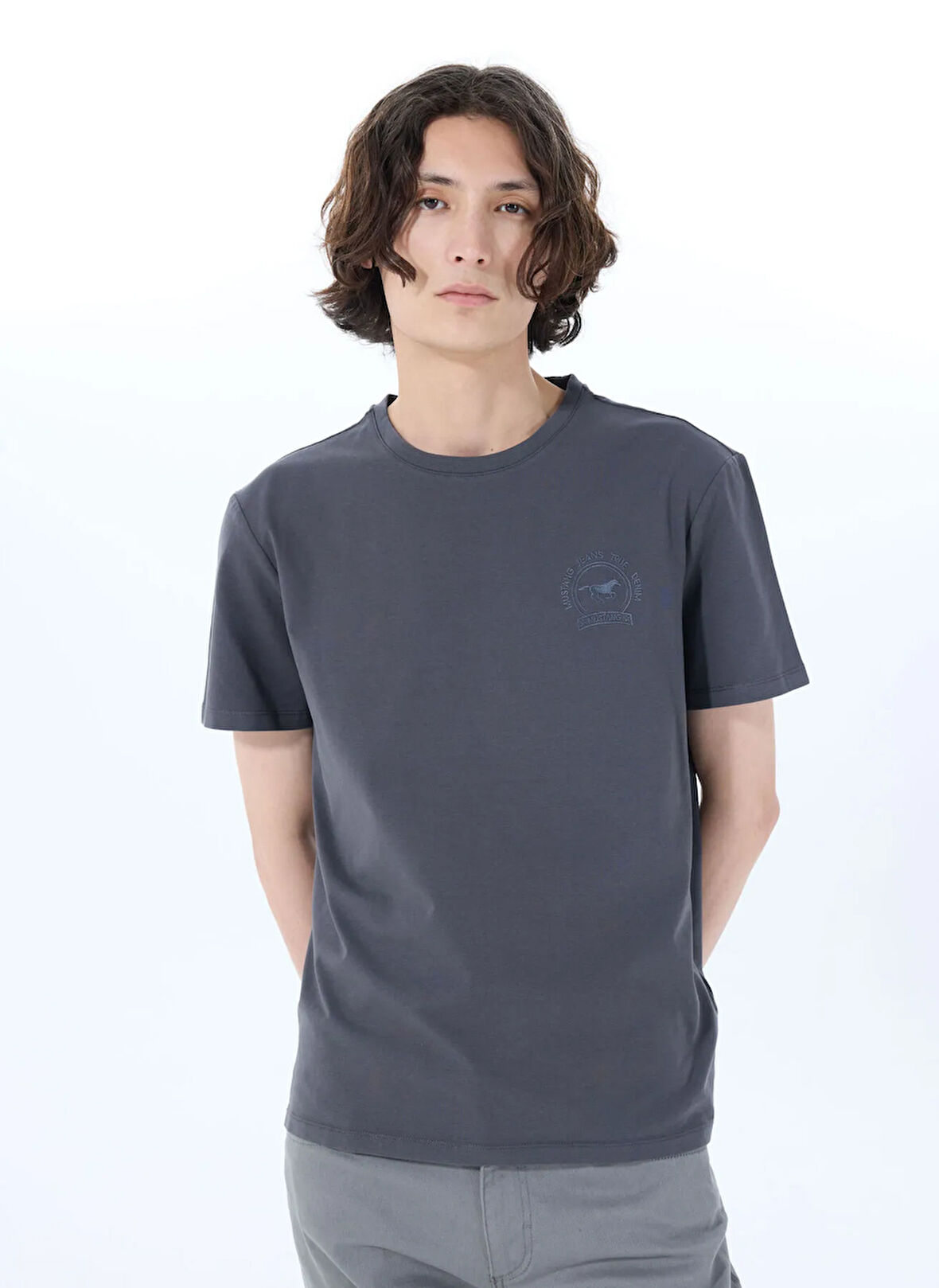 Mustang Bisiklet Yaka Baskılı Antrasit Erkek T-Shirt M5SM-TST1286
