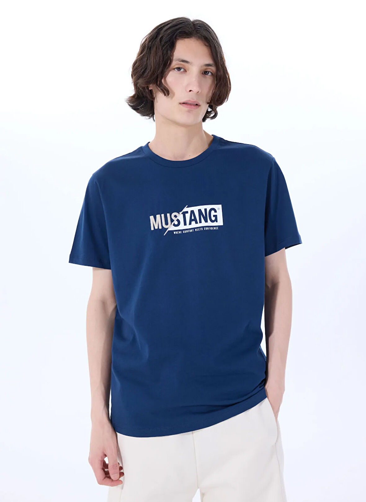 Mustang Bisiklet Yaka Baskılı Lacivert Erkek T-Shirt M5SM-TST1304