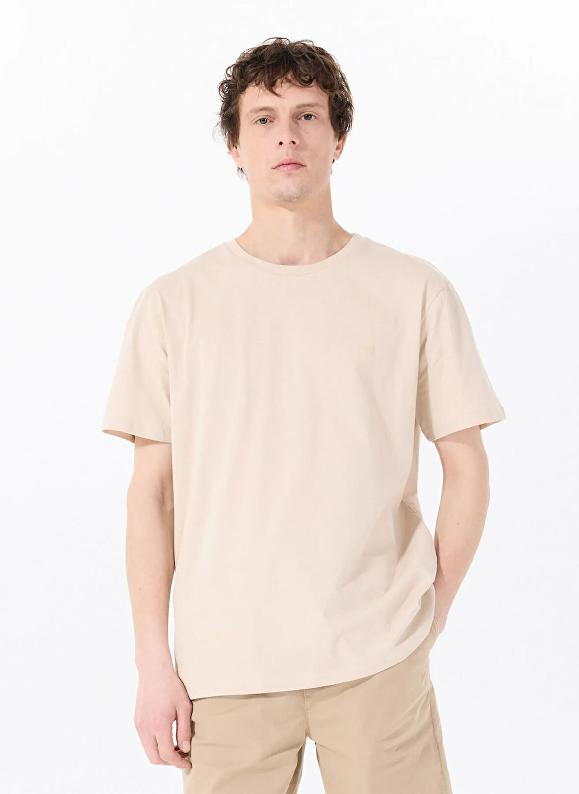 Mustang Bisiklet Yaka Baskılı Bej Erkek T-Shirt M5SM-TST1297