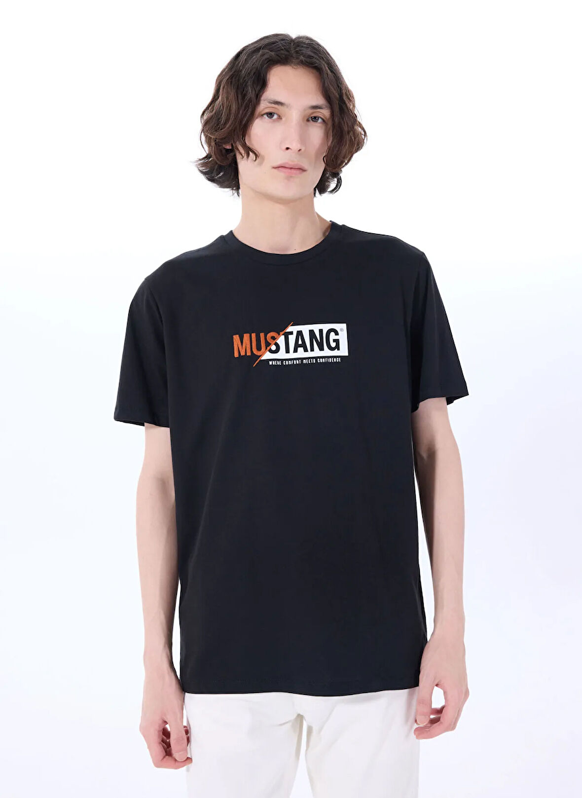 Mustang Bisiklet Yaka Baskılı Siyah Erkek T-Shirt M5SM-TST1304