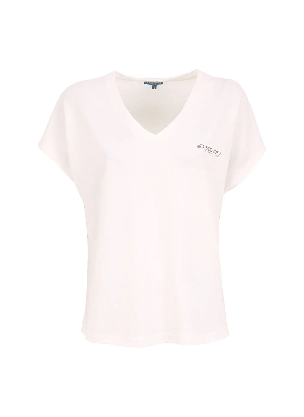 D5SL-TST3544 Beyaz V Yaka Relaxed Baskılı Kadın T-Shirt