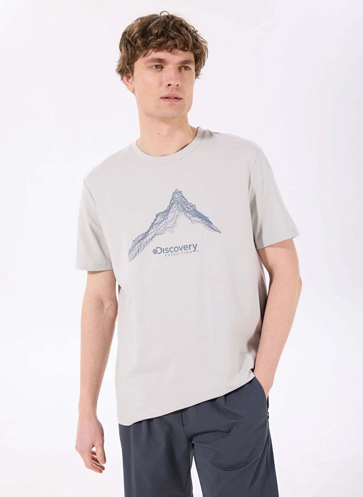Discovery Expedition D5SM-TST3775 Gri Bisiklet Yaka Relaxed Baskılı Erkek T-Shirt