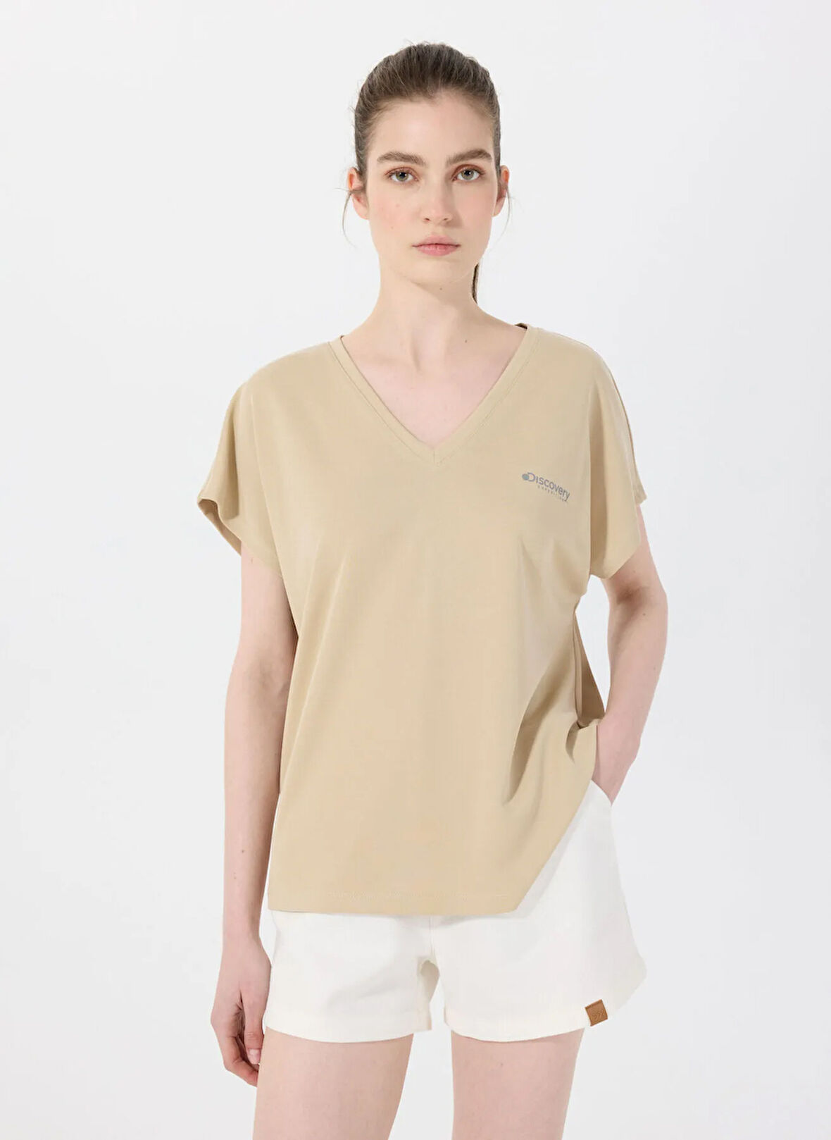 Discovery Expedition D5SL-TST3544 Bej V Yaka Relaxed Düz Kadın T-Shirt