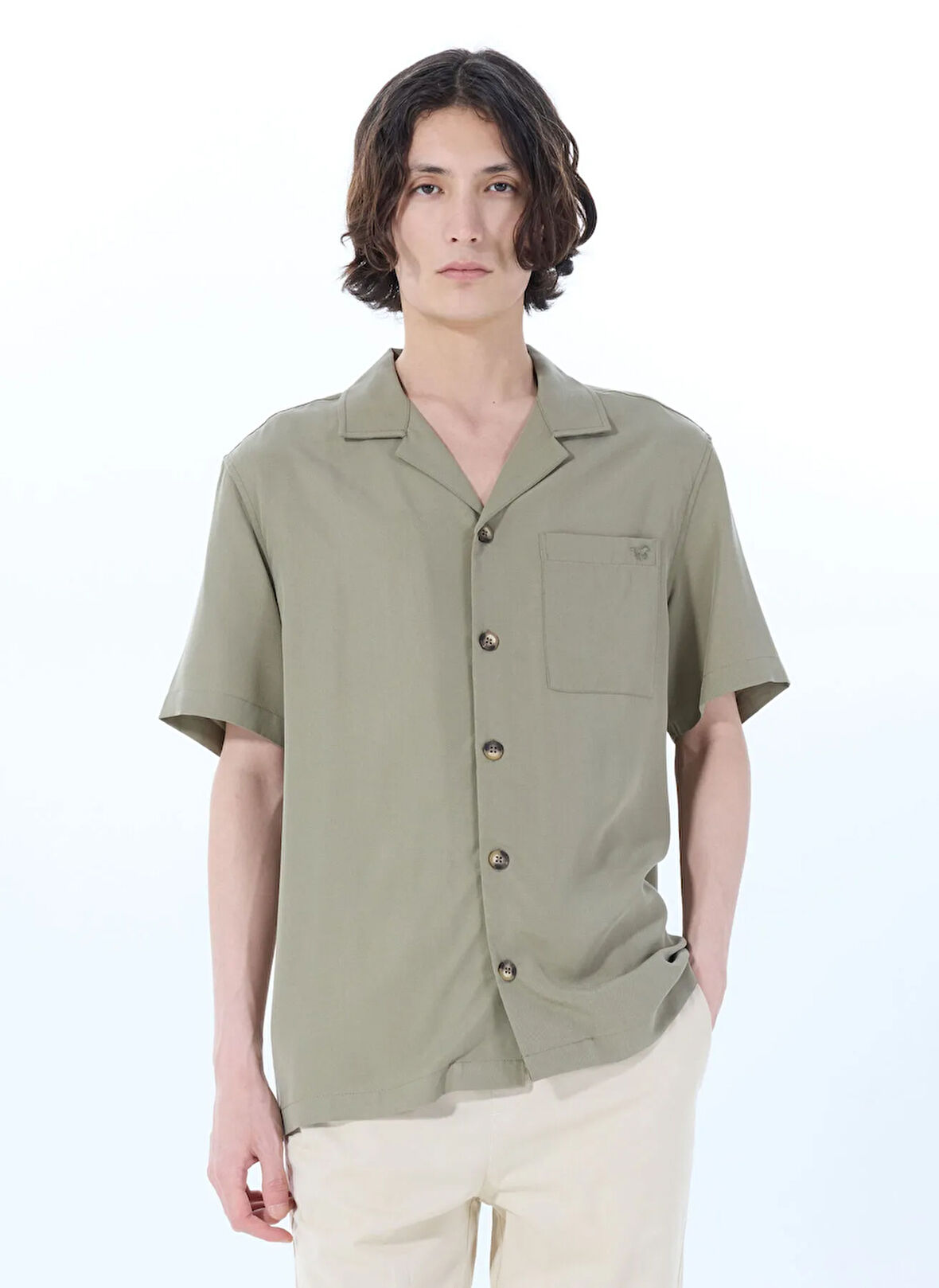 Haki Erkek Apaş Yaka Relaxed Nakışlı %100 Liyosel Gömlek M5SM-GML1052