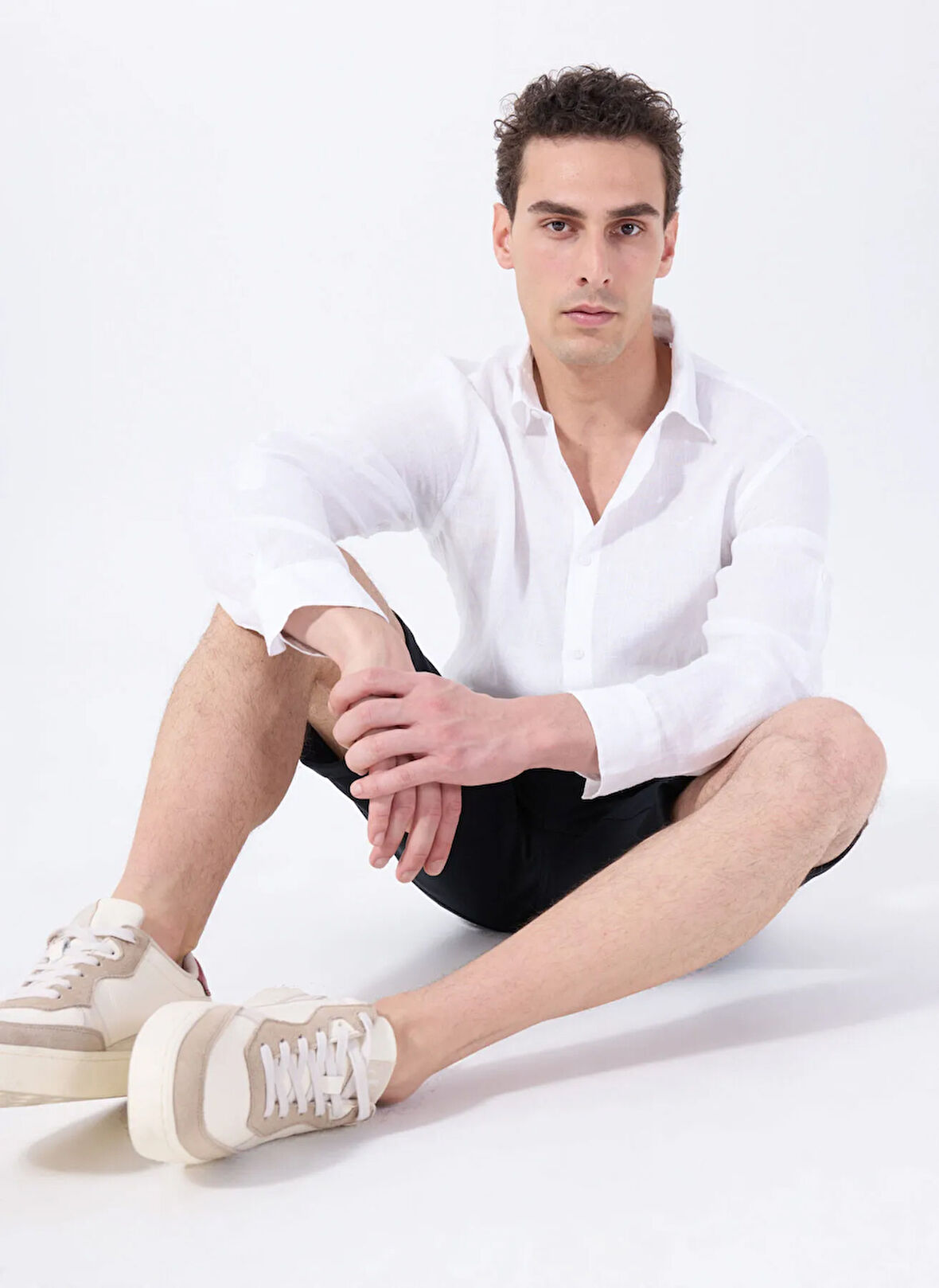 Beyaz Erkek Relaxed Fit Nakışlı %100 Keten Gömlek M5WM- GML1557