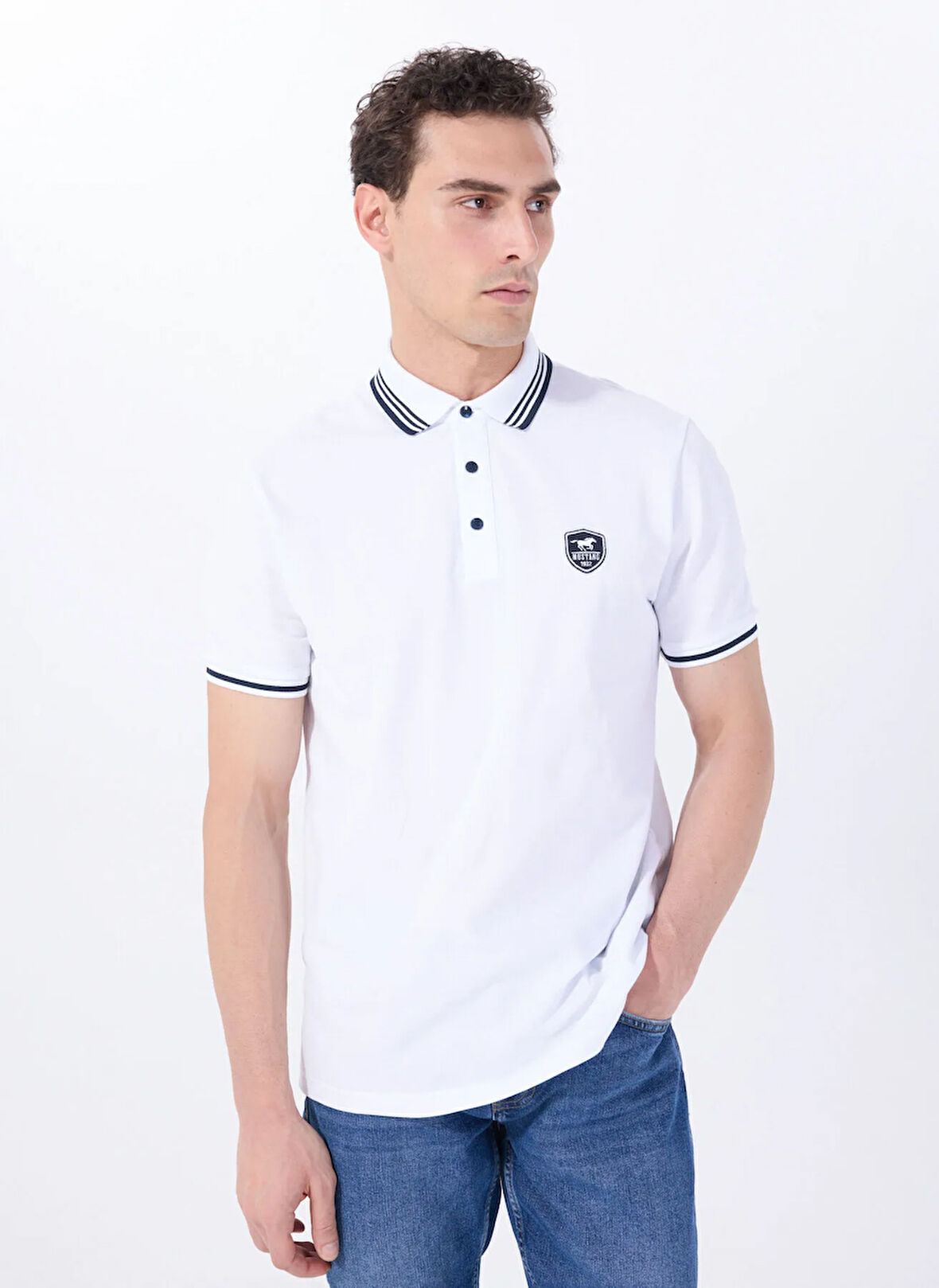 Mustang Nakışlı Beyaz Erkek Polo T-Shirt M5SM-TST1356