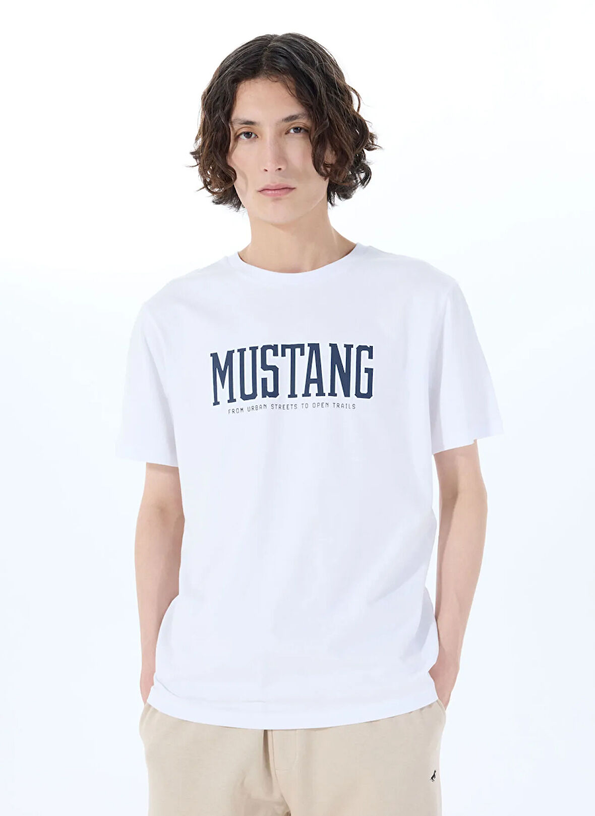 Mustang Bisiklet Yaka Baskılı Beyaz Erkek T-Shirt M5SM-TST1291