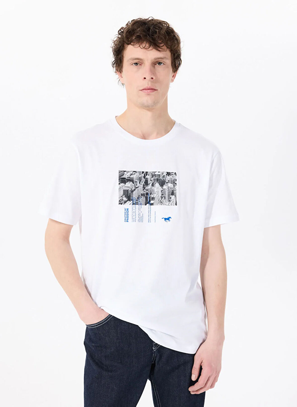 Mustang Bisiklet Yaka Baskılı Beyaz Erkek T-Shirt M5SM-TST1289