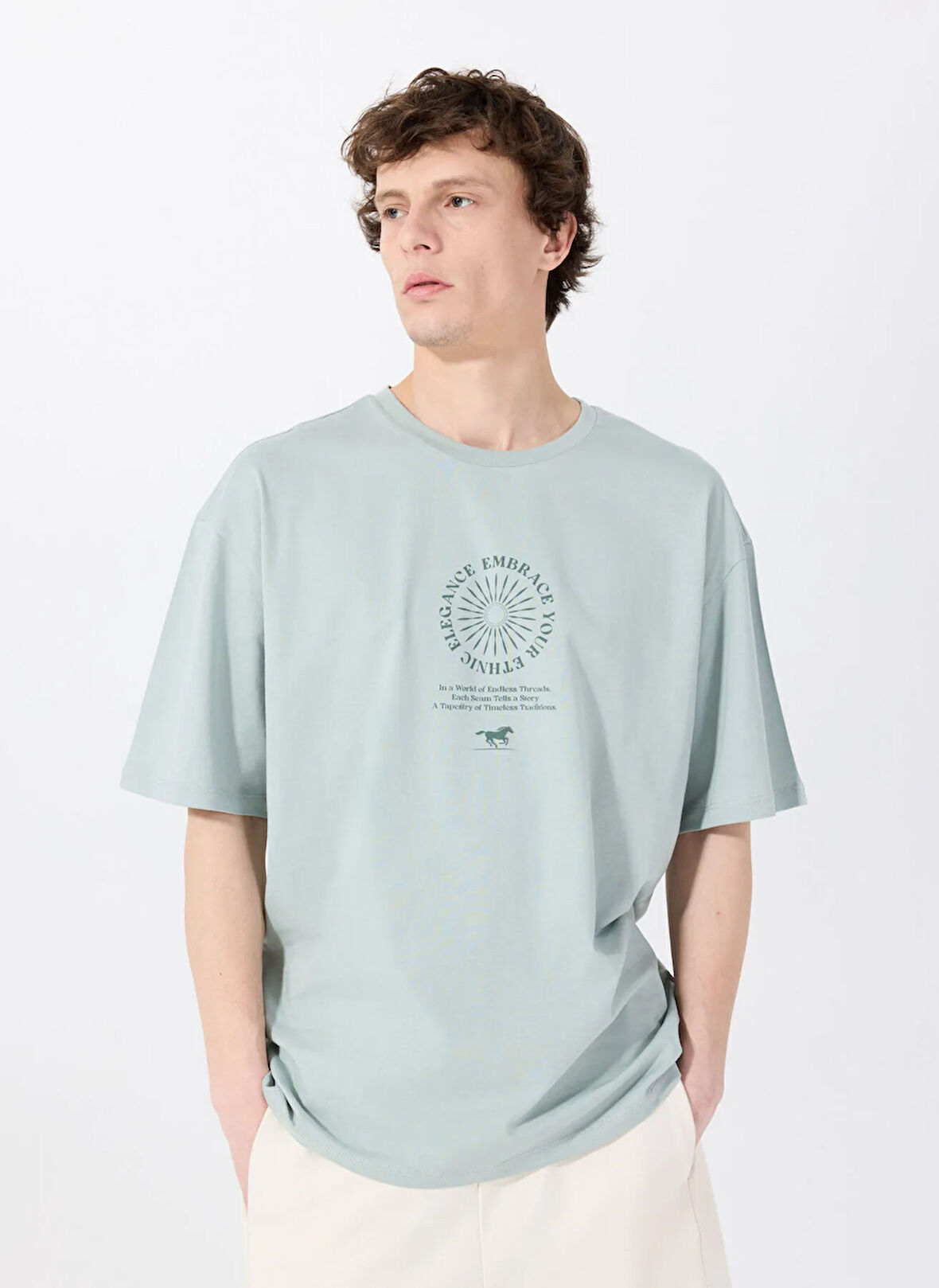 Mustang Bisiklet Yaka Baskılı Yeşil Erkek T-Shirt M5SM-TST1436