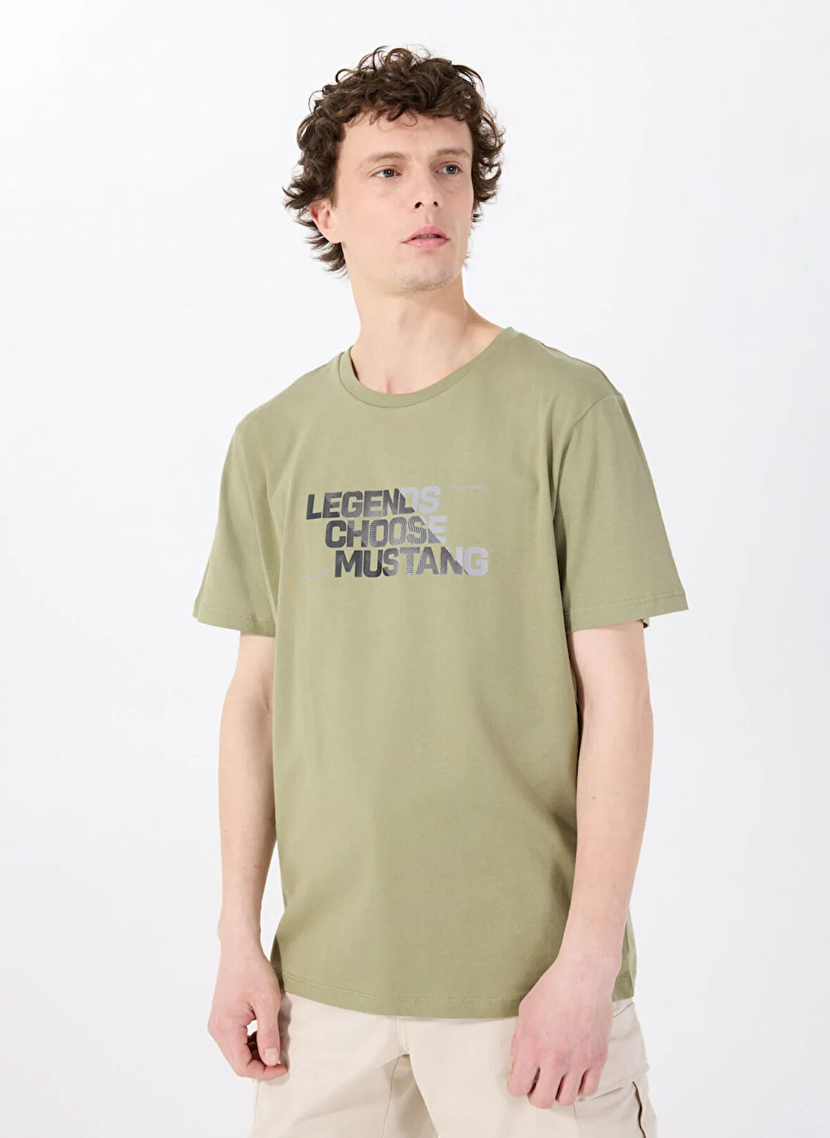 Mustang Bisiklet Yaka Baskılı Haki Erkek T-Shirt M5SM-TST1302