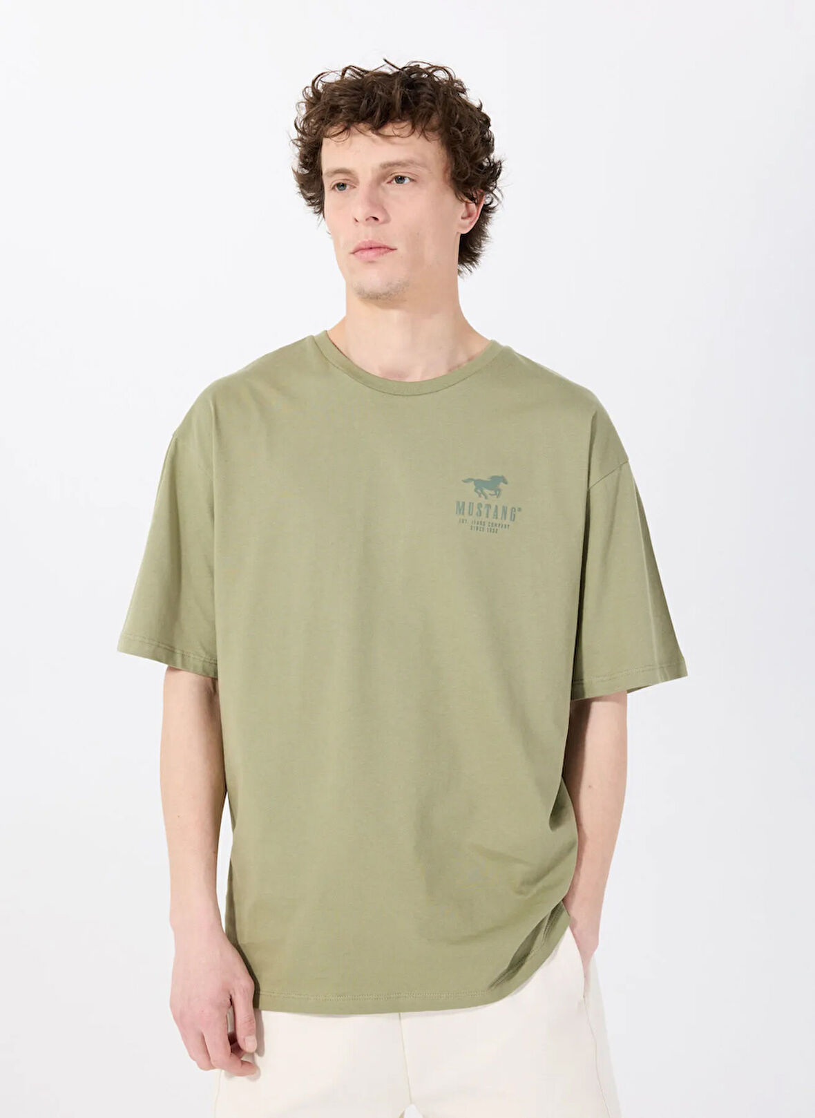Mustang Bisiklet Yaka Baskılı Haki Erkek T-Shirt M5SM-TST1990