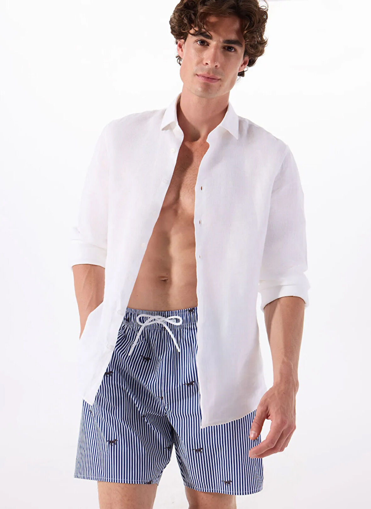 Lacivert - Beyaz Erkek Normal Bel Desenli Şort Mayo M5SM-SRT0003