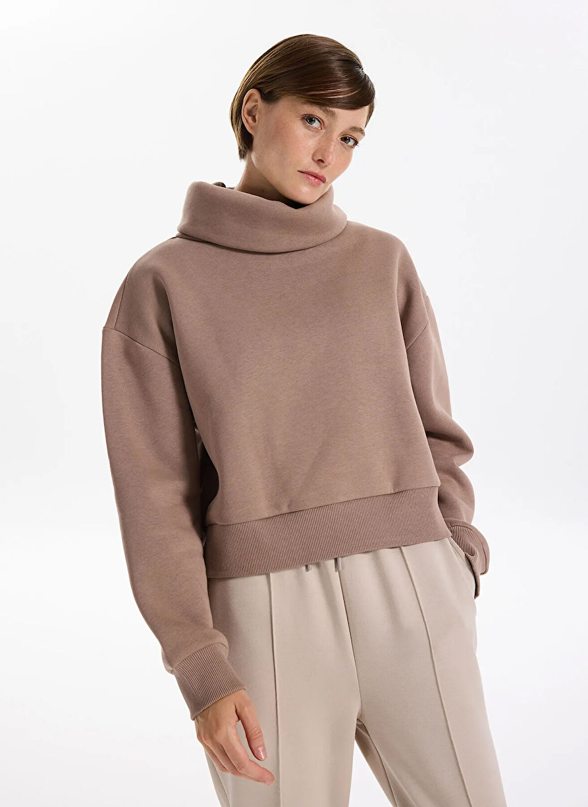 Fabrika Balıkçı Yaka Düz Vizon Kadın Sweatshırt VEJA-Y