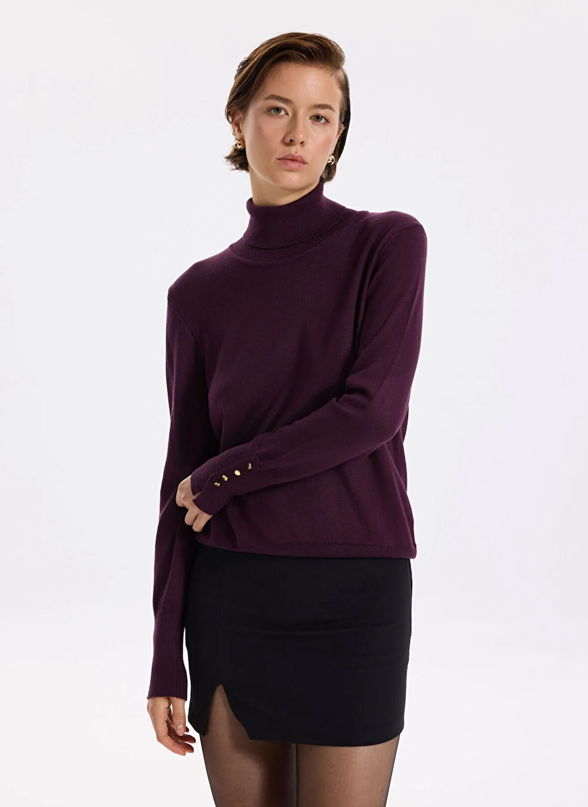 Fabrika Balıkçı Yaka Basic Düz Bordo Kazak Kadın REZZA