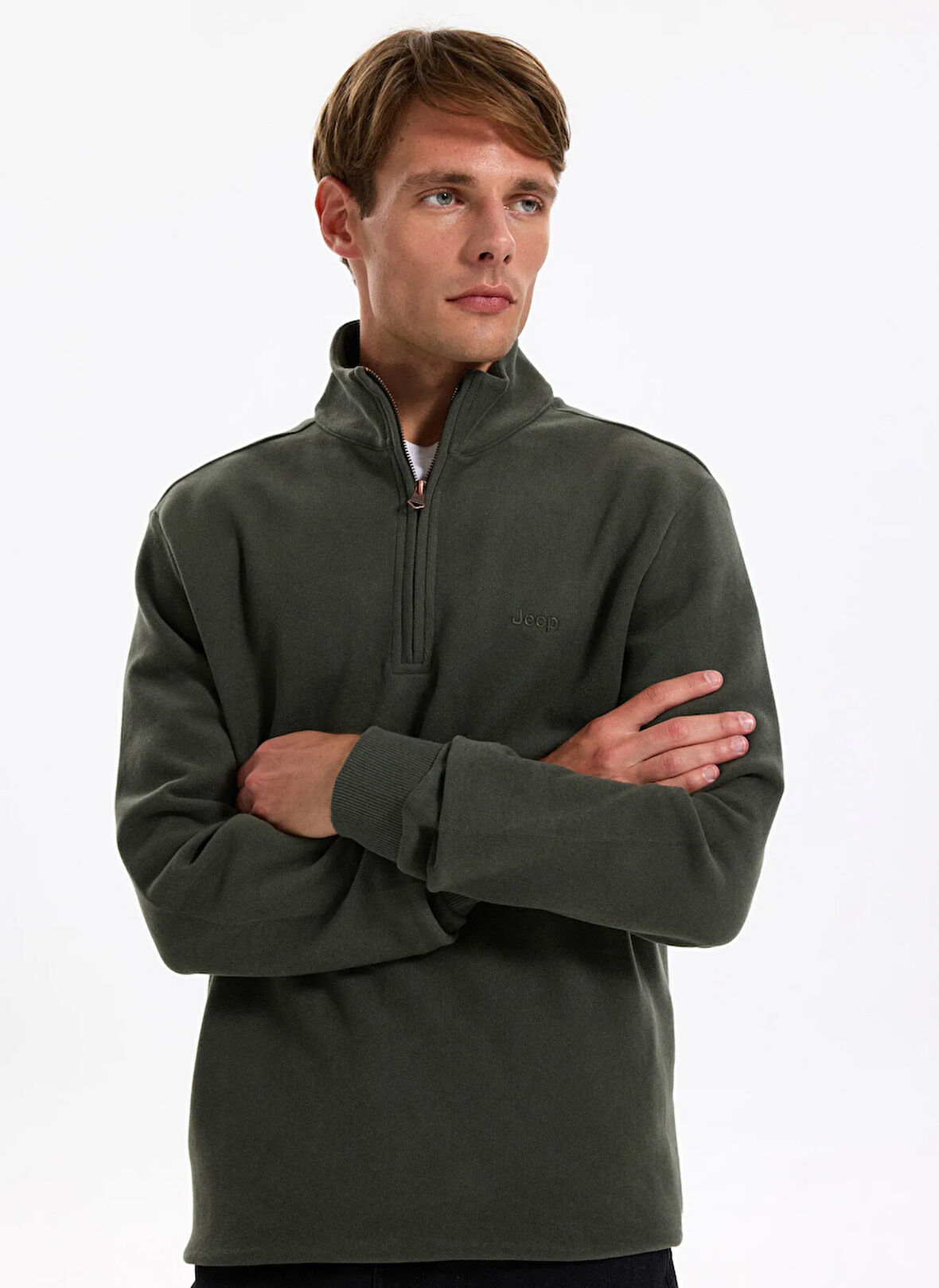 Jeep Dik Yaka Düz Haki Erkek Sweatshırt J5WM-SWT7222