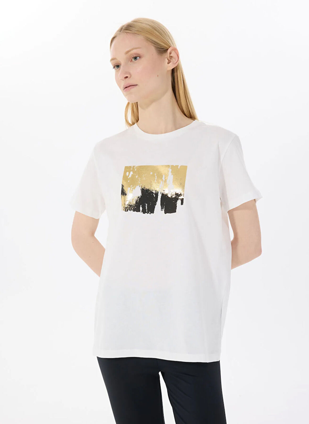 Limon Yuvarlak Yaka Baskılı Ekru Kadın T-Shirt LGSL-TST5820