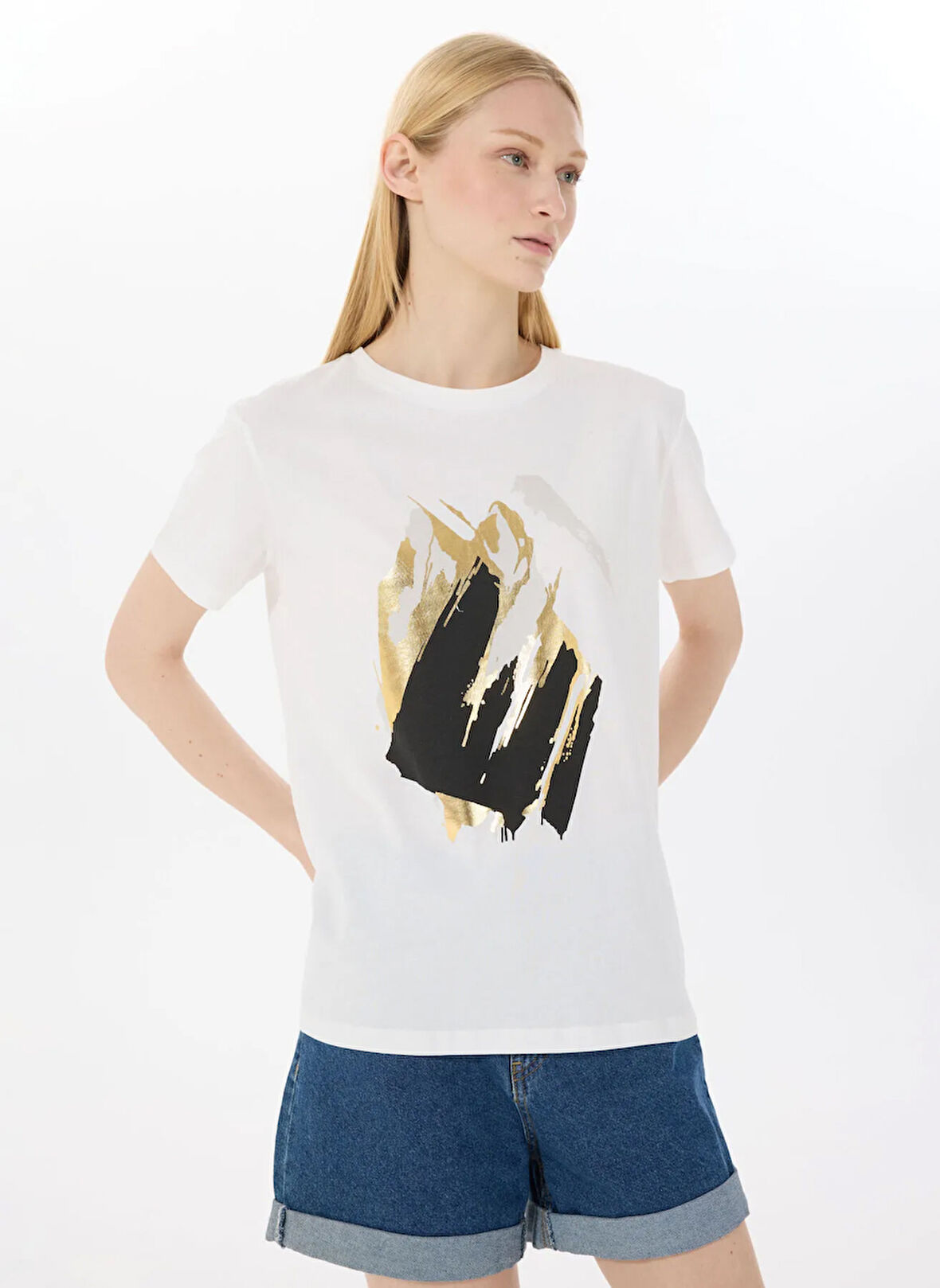 Limon Yuvarlak Yaka Baskılı Ekru Kadın T-Shirt L5SL-TST5810