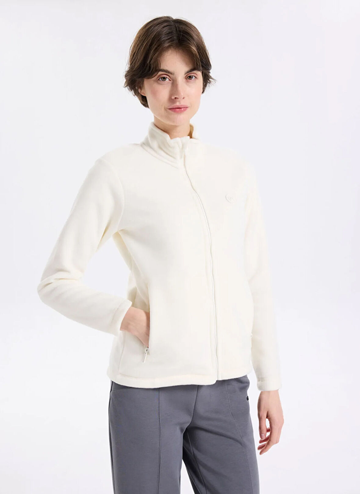 Discovery Expedition D5WL-SWT3303 Beyaz Dik Yaka Basic Düz Kadın Polar Sweatshırt